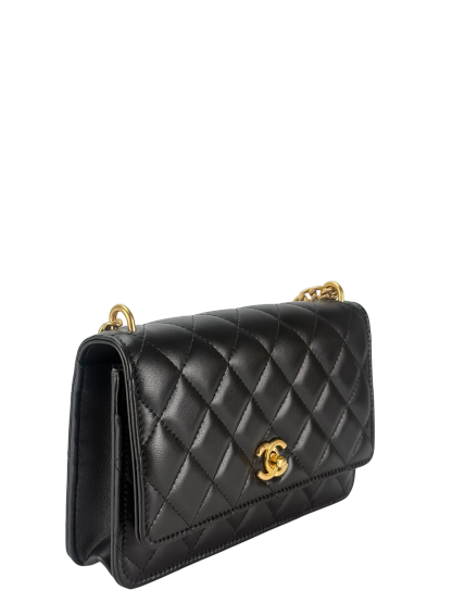 CHANEL - Black Lambskin Camellia Quilted Wallet On Chain Gold Hardware (WOC)