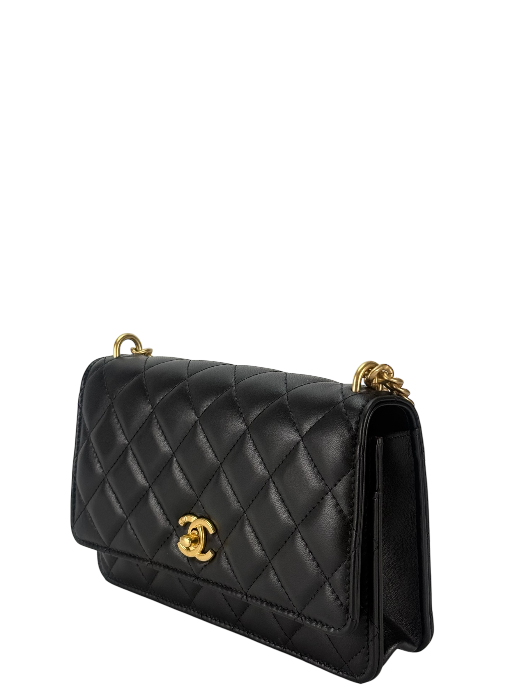 CHANEL - Black Lambskin Camellia Quilted Wallet On Chain Gold Hardware (WOC)