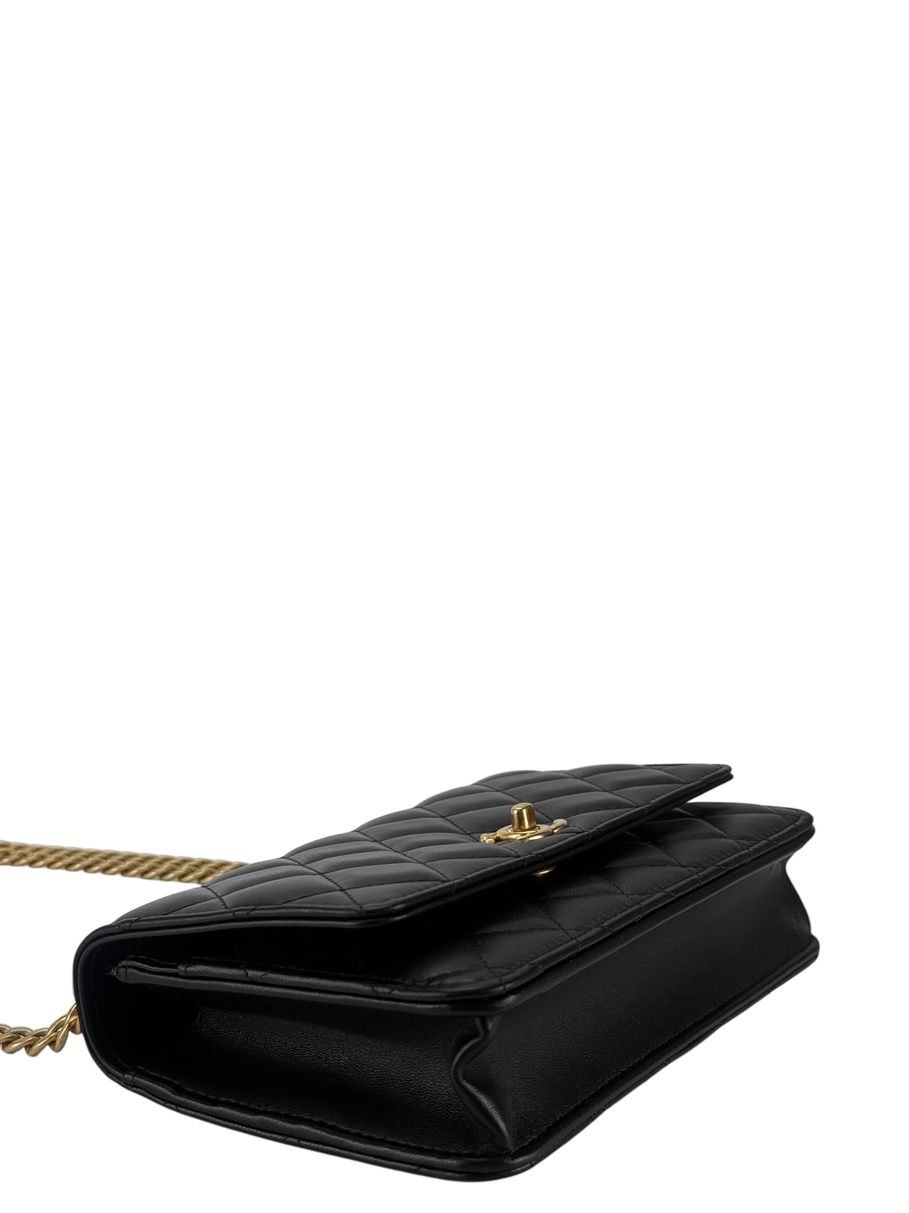CHANEL - Black Lambskin Camellia Quilted Wallet On Chain Gold Hardware (WOC)