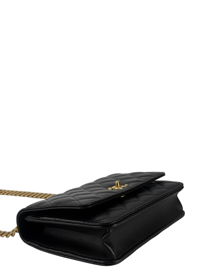 CHANEL - Black Lambskin Camellia Quilted Wallet On Chain Gold Hardware (WOC)