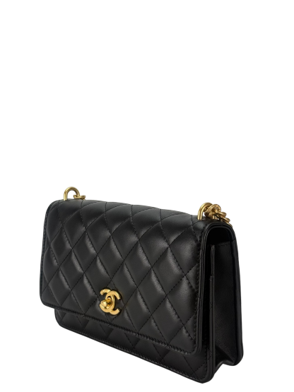 CHANEL - Black Lambskin Camellia Quilted Wallet On Chain Gold Hardware (WOC)