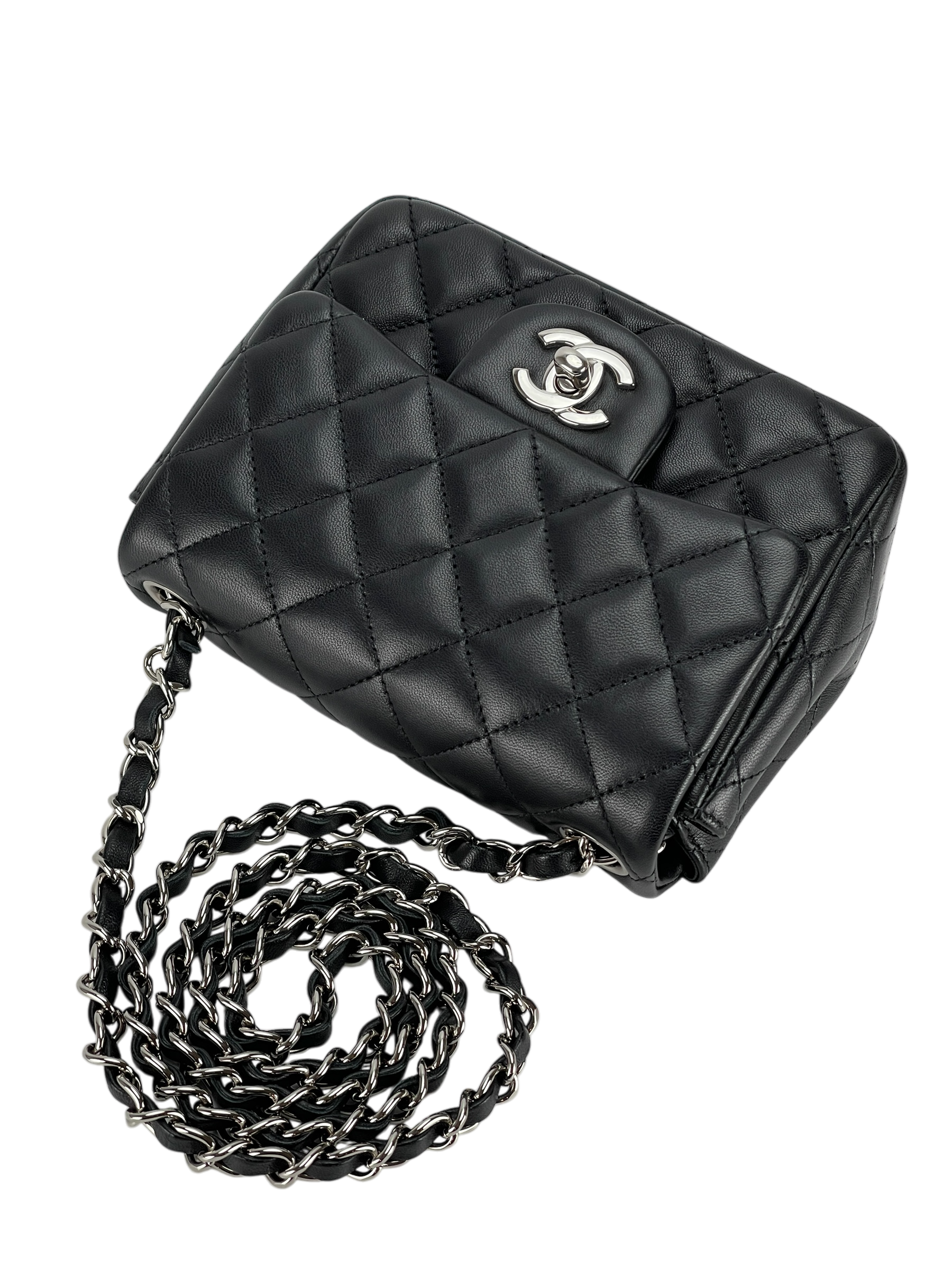 CHANEL - Mini Matlasse 17 Lambskin Single Flap Chain Bag Black Sliver Hardware