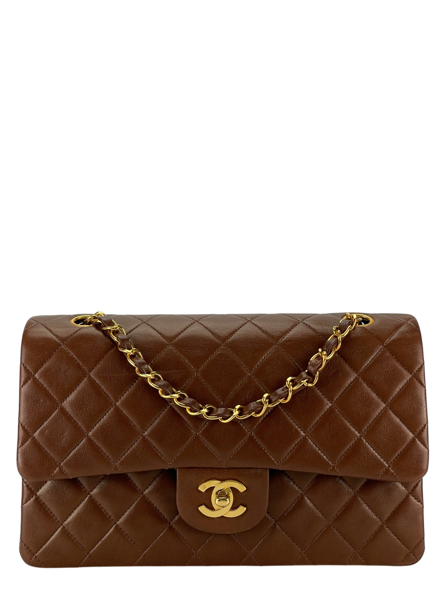 CHANEL - Medium Classic Double Flap Bag Brown Lambskin Gold Hardware (CF25)