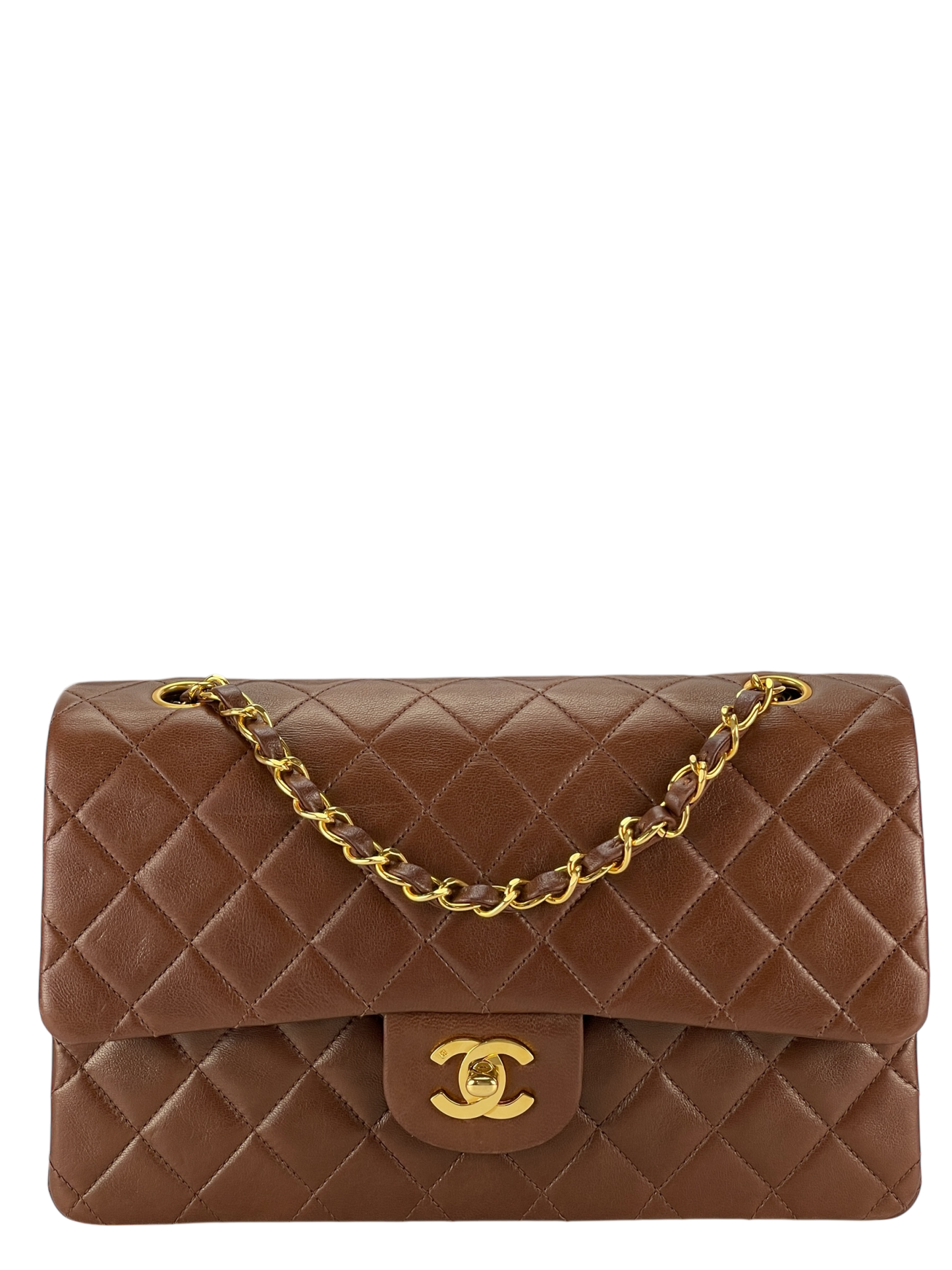 CHANEL - Medium Classic Double Flap Bag Brown Lambskin Gold Hardware (CF25)