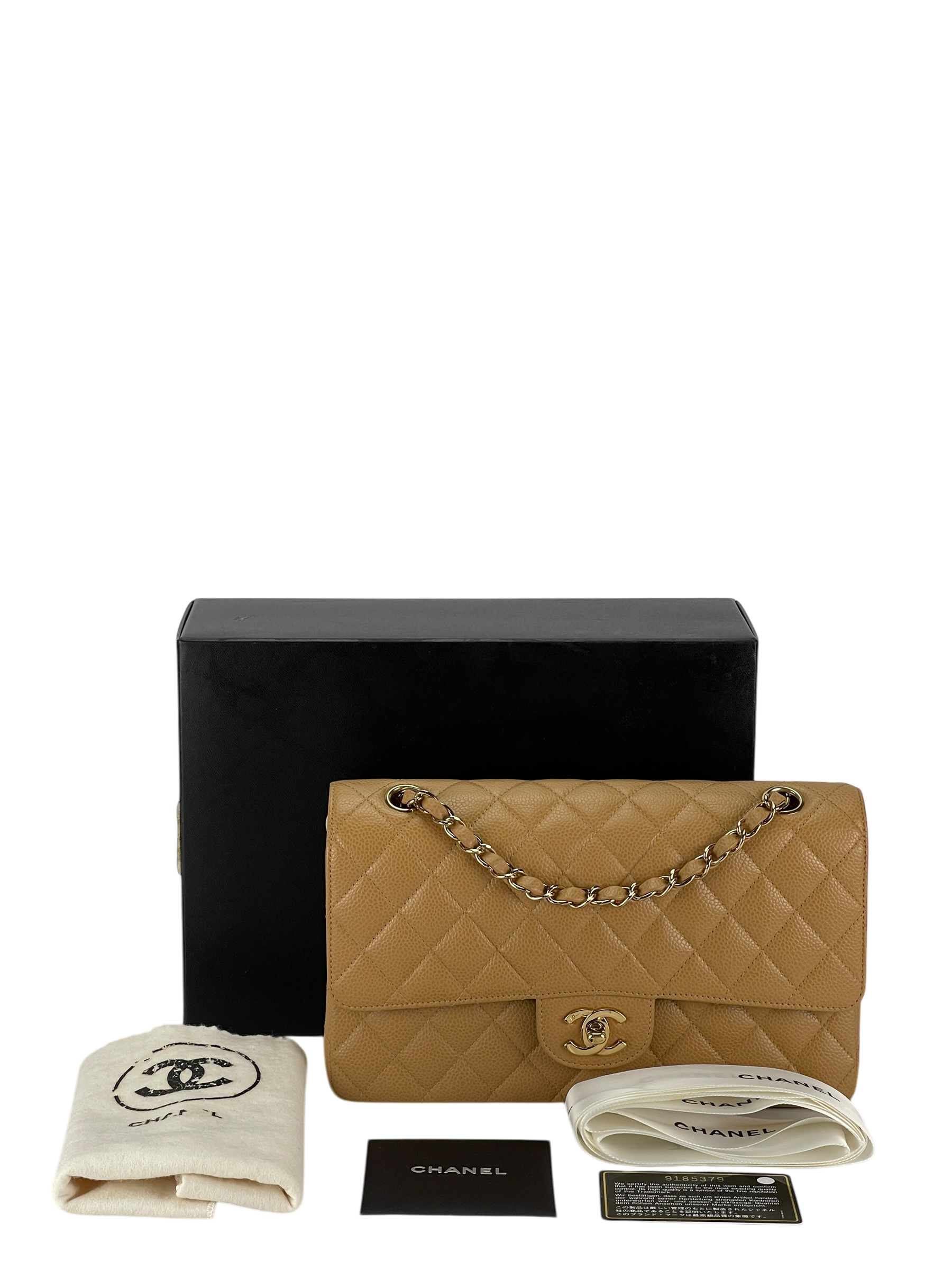 CHANEL - Medium Classic Double Flap Bag Beige Cavair Gold Hardware (CF25) 