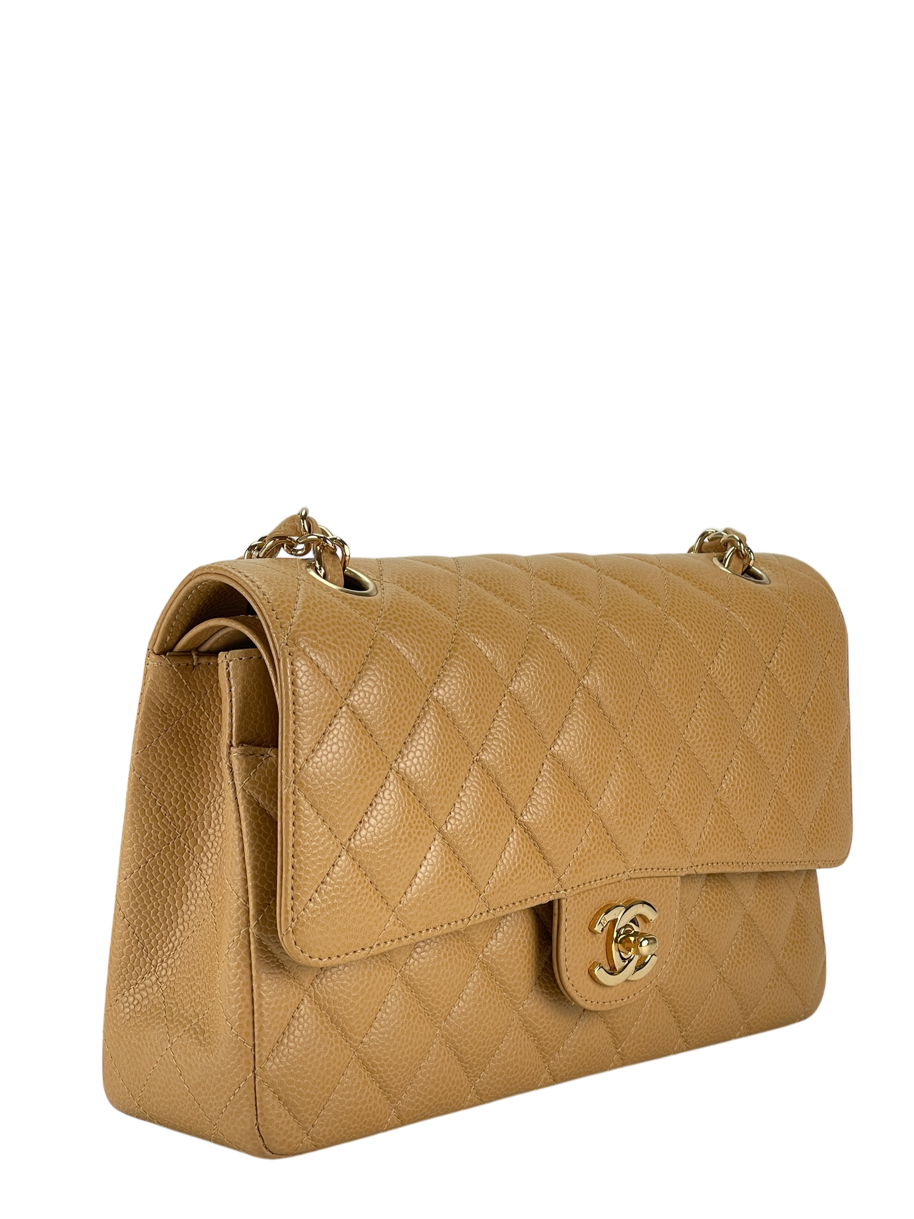 CHANEL - Medium Classic Double Flap Bag Beige Cavair Gold Hardware (CF25) 