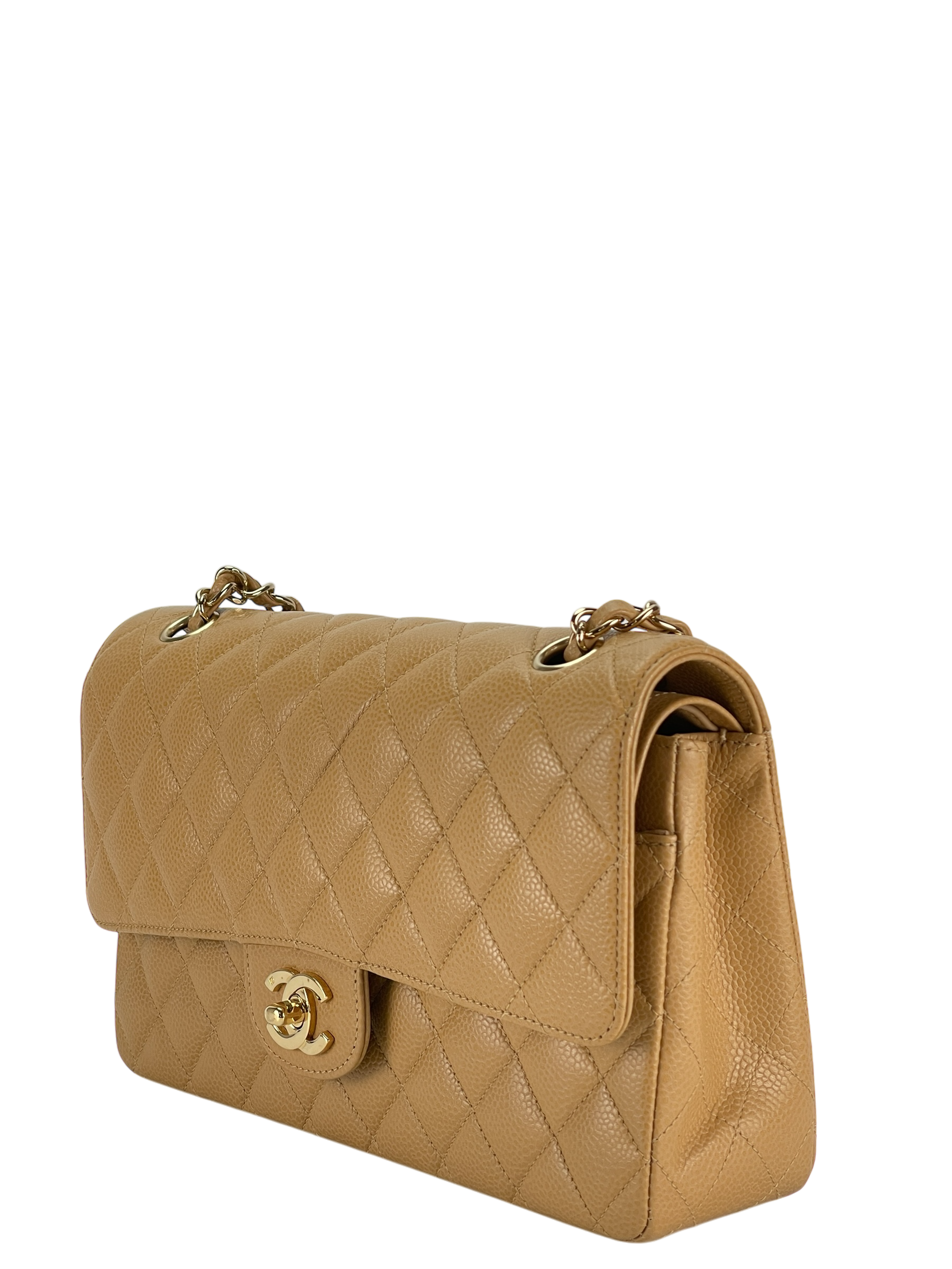 CHANEL - Medium Classic Double Flap Bag Beige Cavair Gold Hardware (CF25)