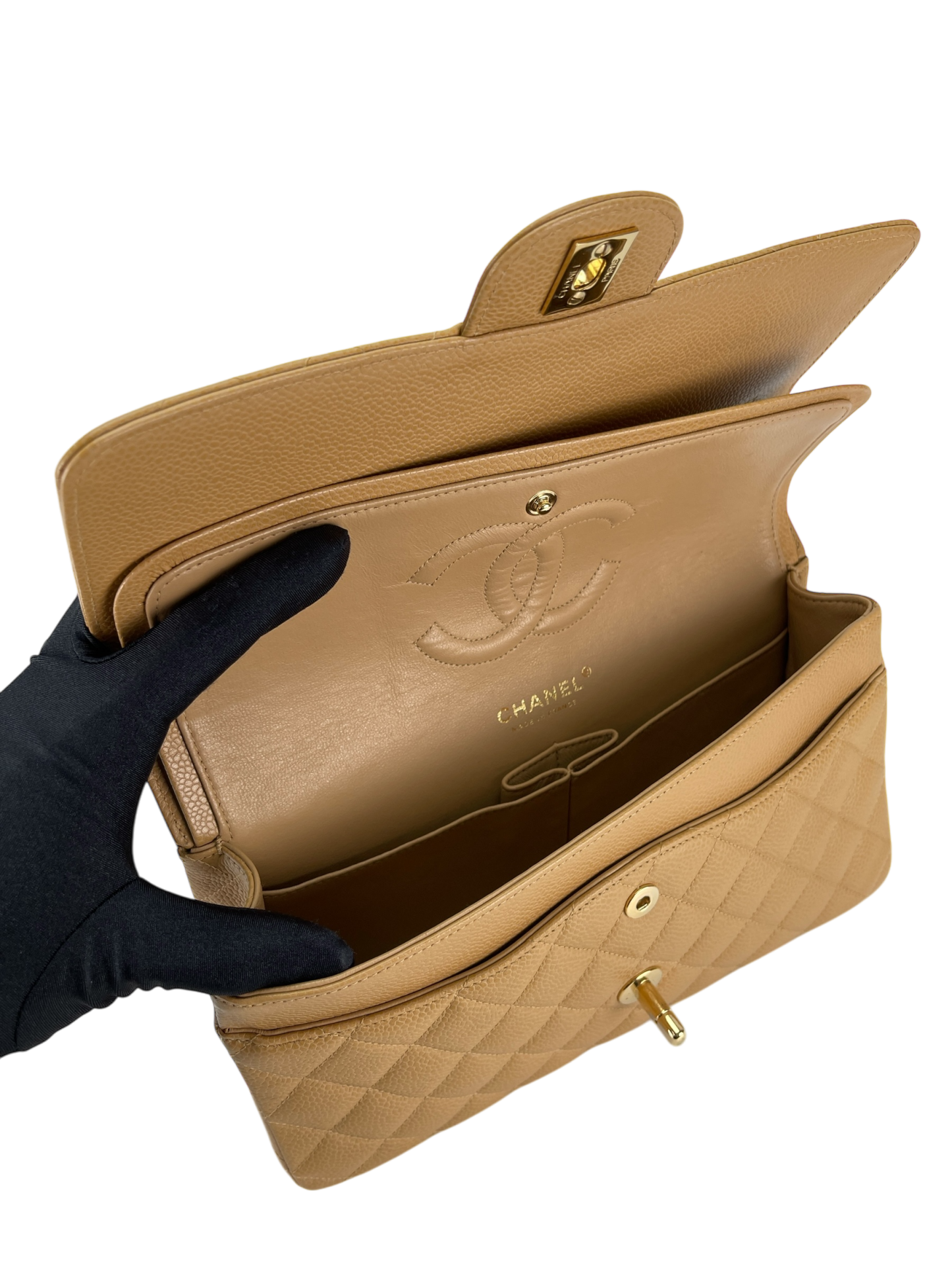 CHANEL - Medium Classic Double Flap Bag Beige Cavair Gold Hardware (CF25) 