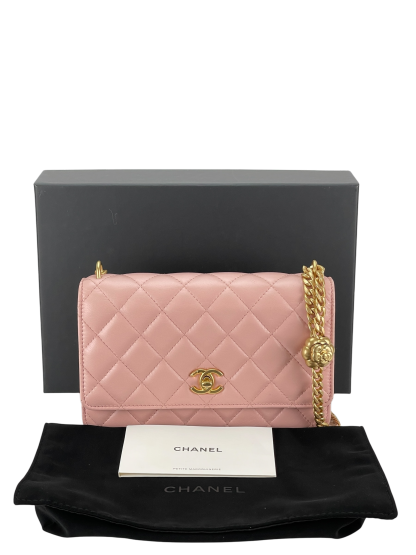 CHANEL - Pink Lambskin Camellia Quilted Wallet On Chain Gold Hardware (WOC)