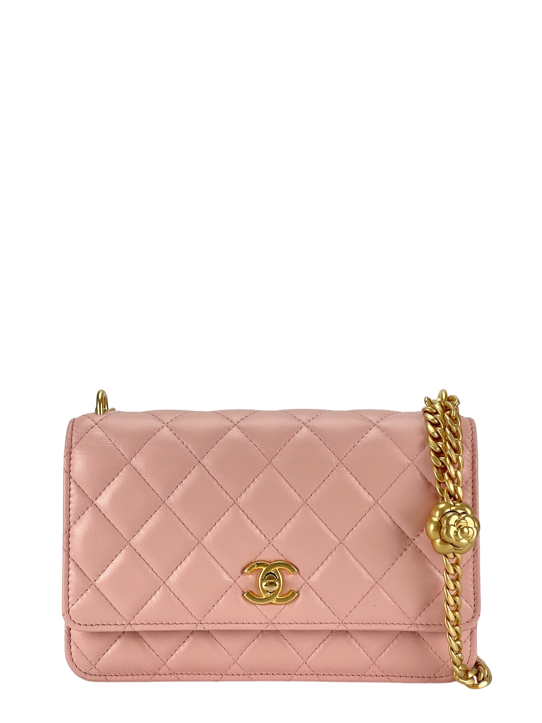 CHANEL - Pink Lambskin Camellia Quilted Wallet On Chain Gold Hardware (WOC)