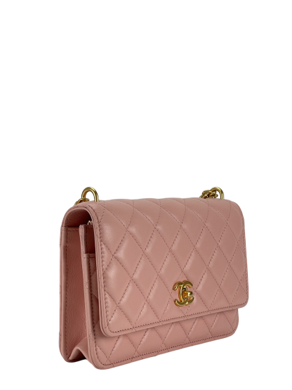 CHANEL - Pink Lambskin Camellia Quilted Wallet On Chain Gold Hardware (WOC)