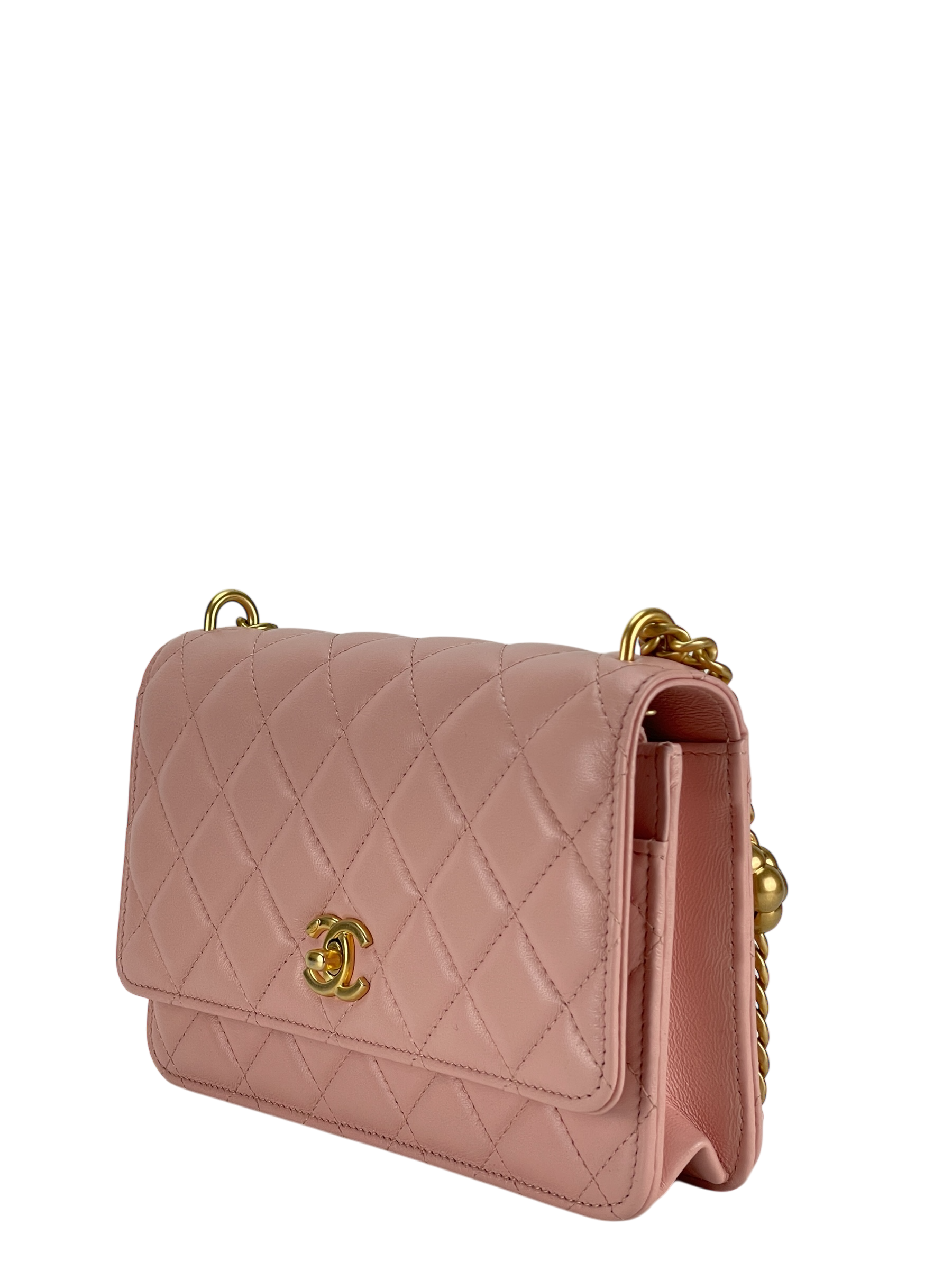 CHANEL - Pink Lambskin Camellia Quilted Wallet On Chain Gold Hardware (WOC)