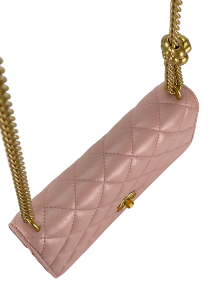 CHANEL - Pink Lambskin Camellia Quilted Wallet On Chain Gold Hardware (WOC)