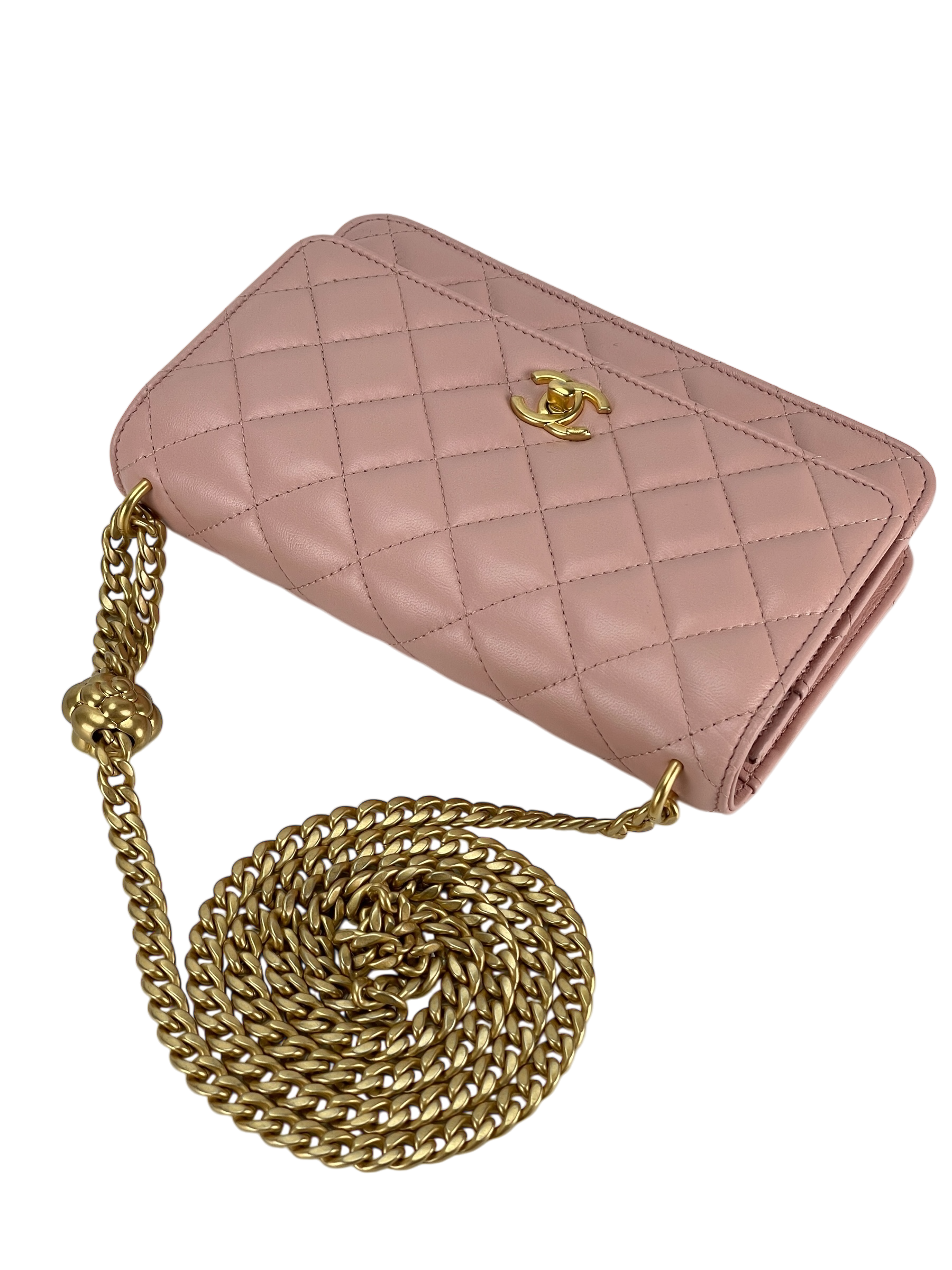 CHANEL - Pink Lambskin Camellia Quilted Wallet On Chain Gold Hardware (WOC)