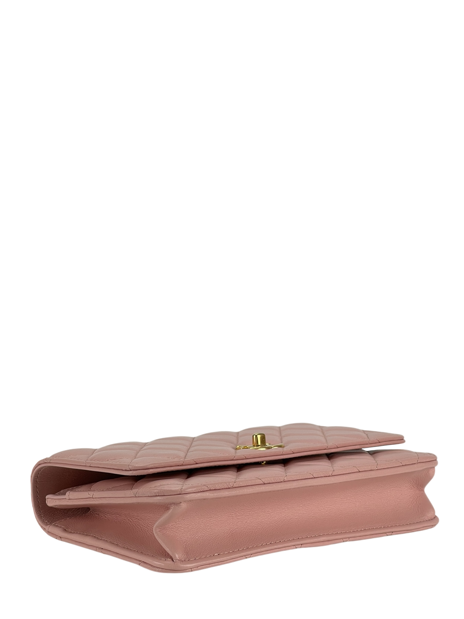 CHANEL - Pink Lambskin Camellia Quilted Wallet On Chain Gold Hardware (WOC)