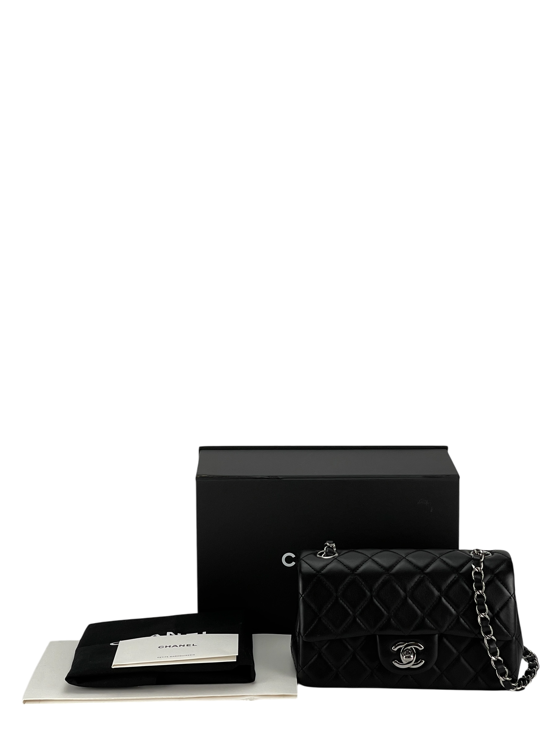 CHANEL - Mini Matlasse 20 Lambskin Single Flap Chain Bag Black Sliver Hardware