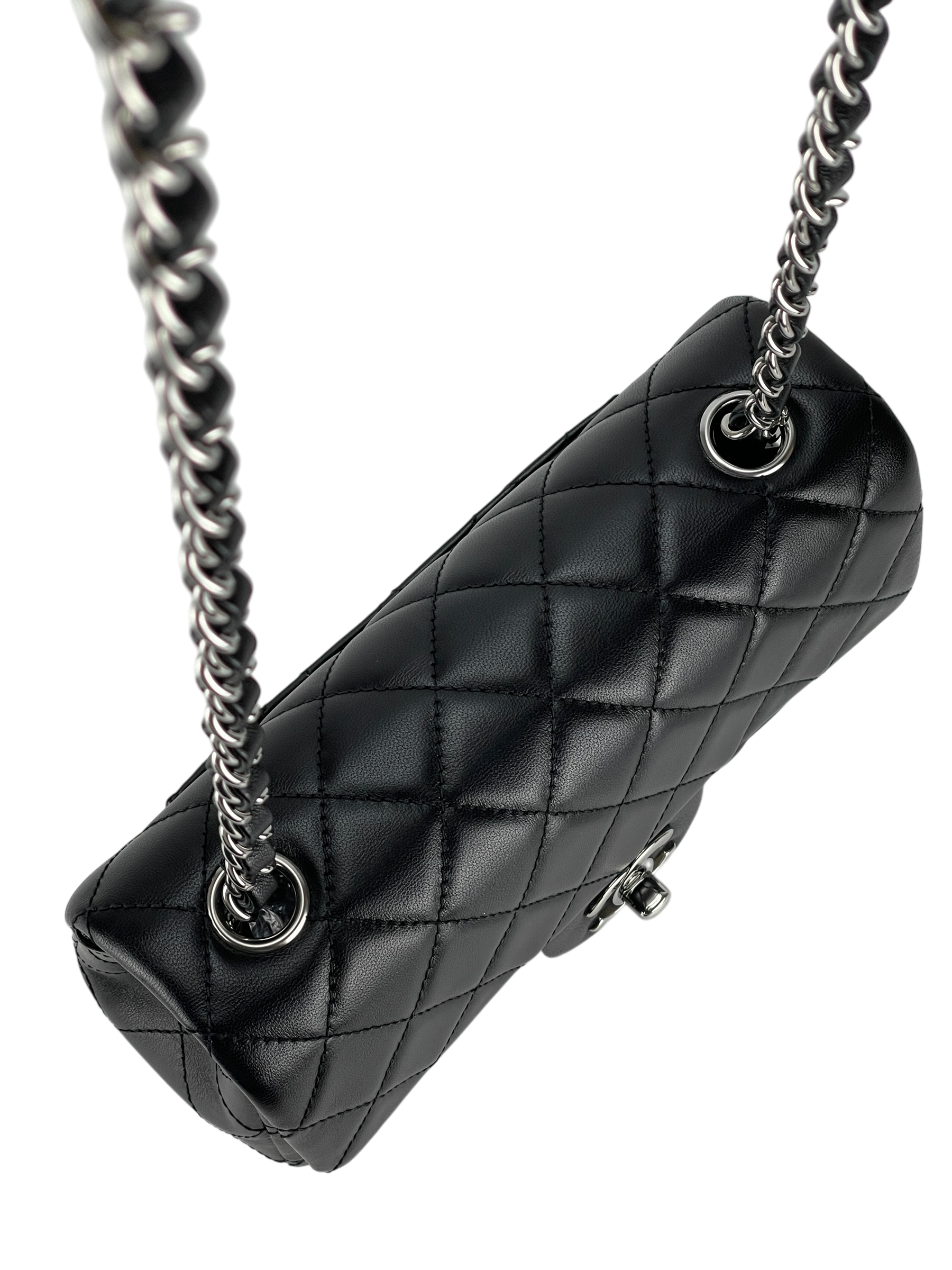 CHANEL - Mini Matlasse 20 Lambskin Single Flap Chain Bag Black Sliver Hardware