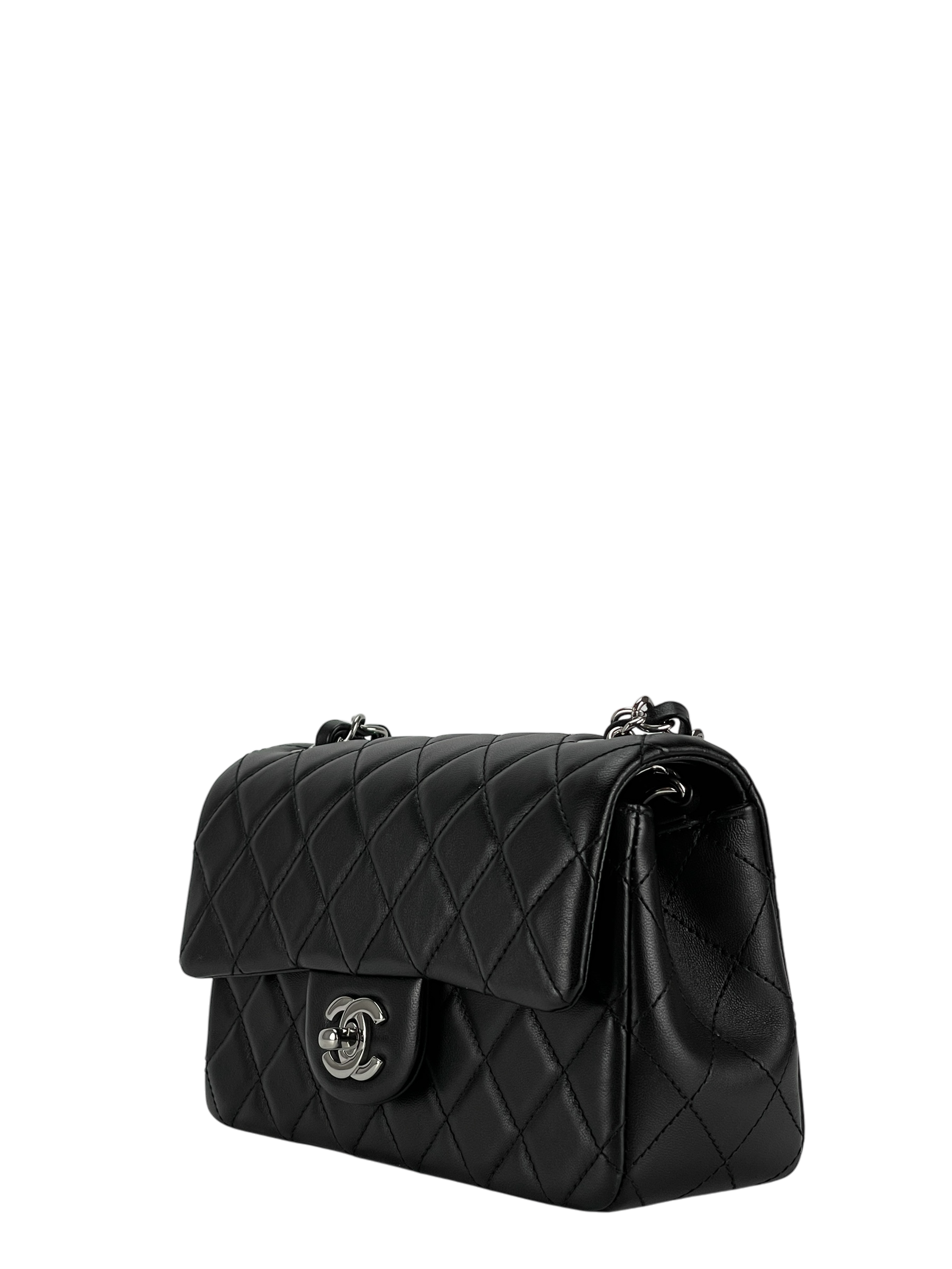 CHANEL - Mini Matlasse 20 Lambskin Single Flap Chain Bag Black Sliver Hardware