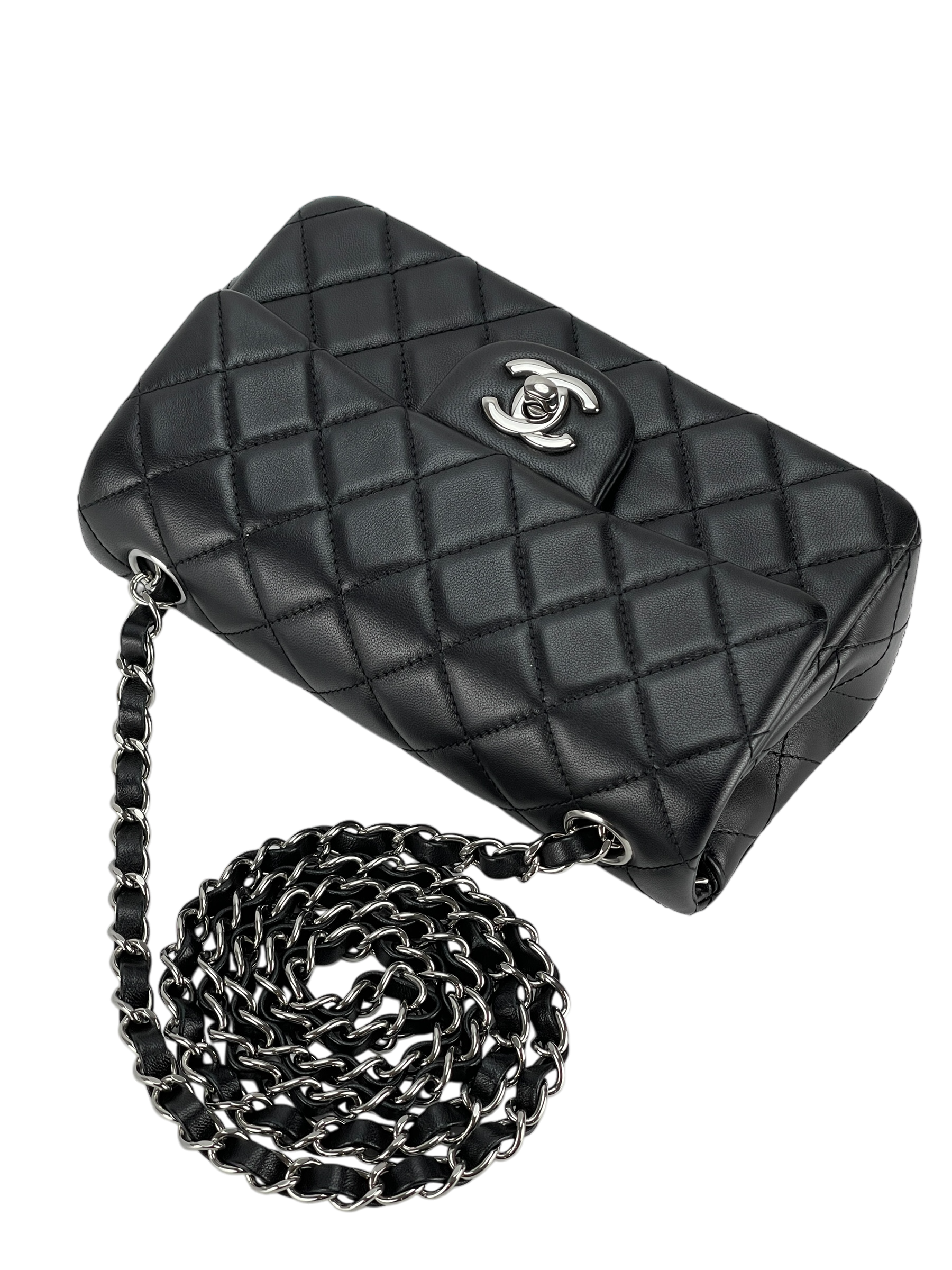 CHANEL - Mini Matlasse 20 Lambskin Single Flap Chain Bag Black Sliver Hardware