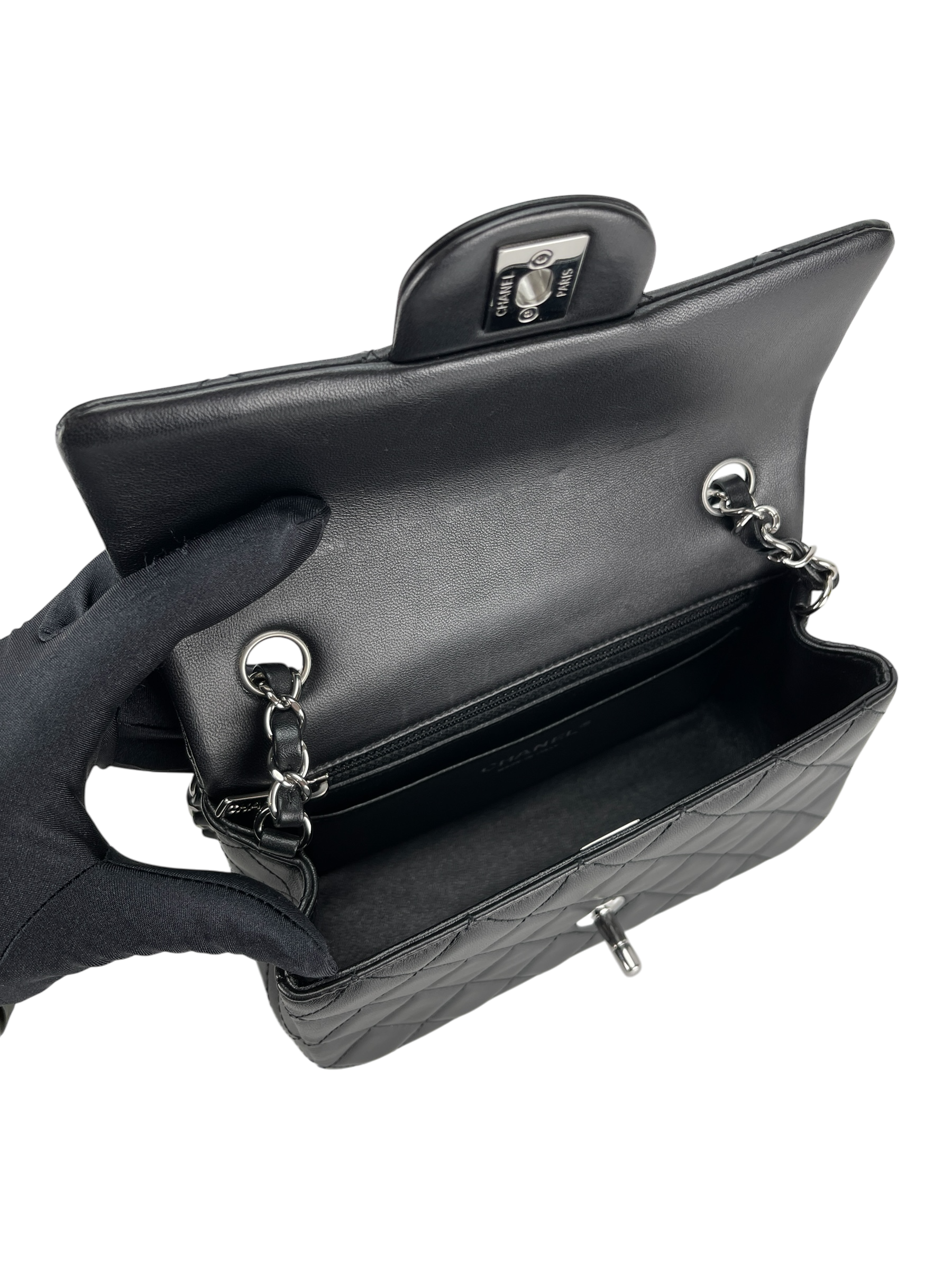 CHANEL - Mini Matlasse 20 Lambskin Single Flap Chain Bag Black Sliver Hardware