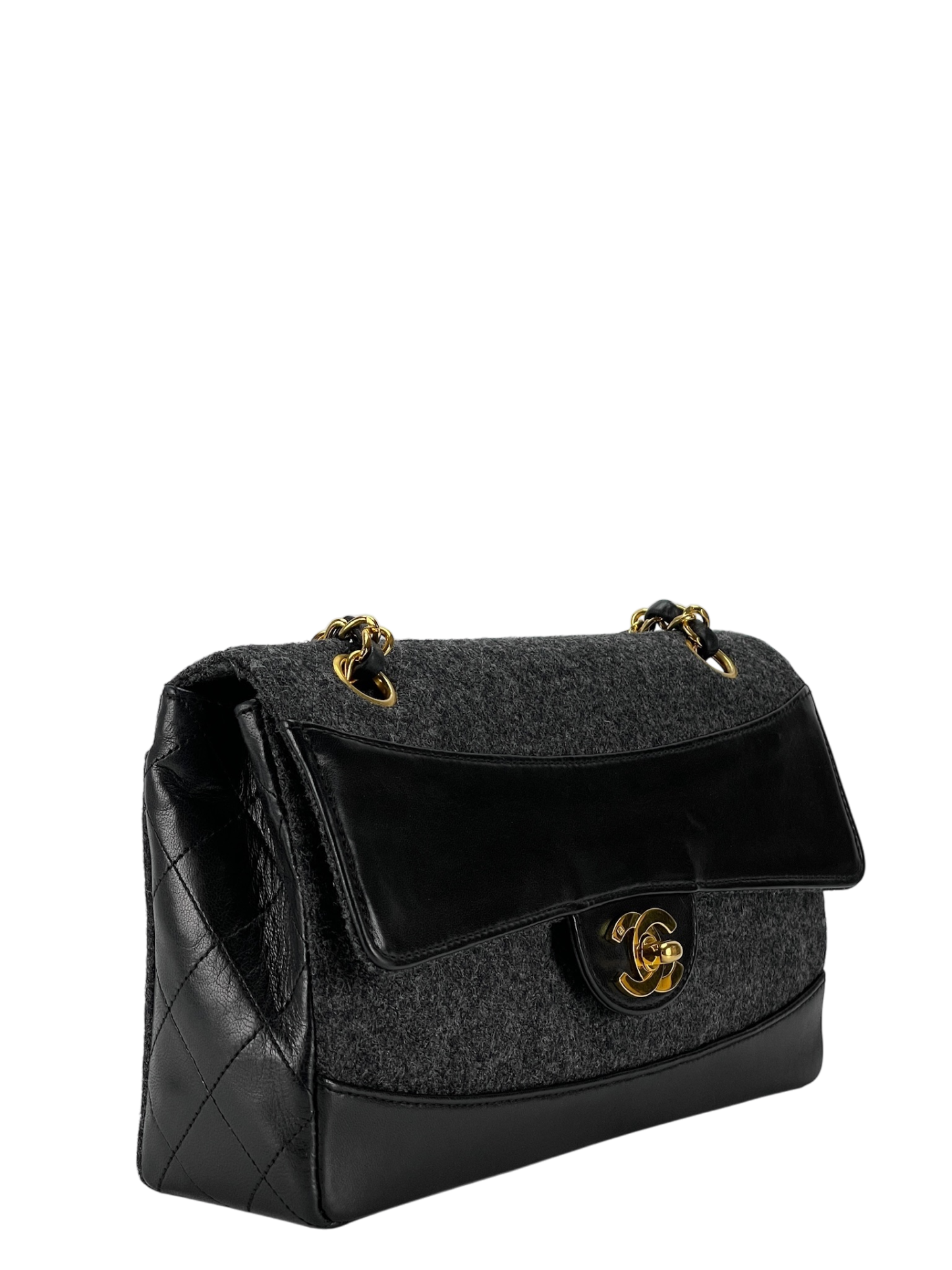 CHANEL -  Grey Black Lambskin Grey Felt Classic Flap Bag