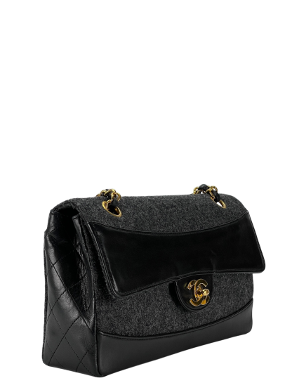 CHANEL -  Grey Black Lambskin Grey Felt Classic Flap Bag