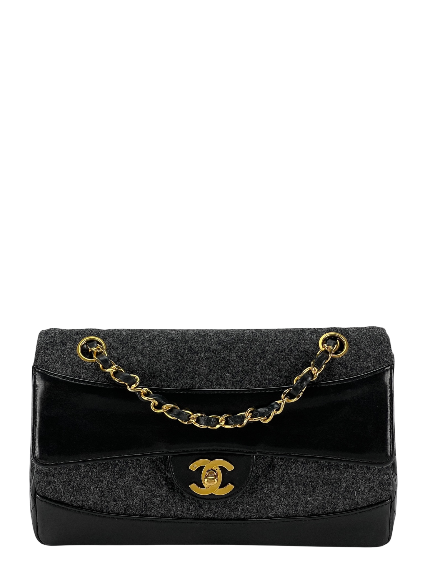 CHANEL -  Grey Black Lambskin Grey Felt Classic Flap Bag