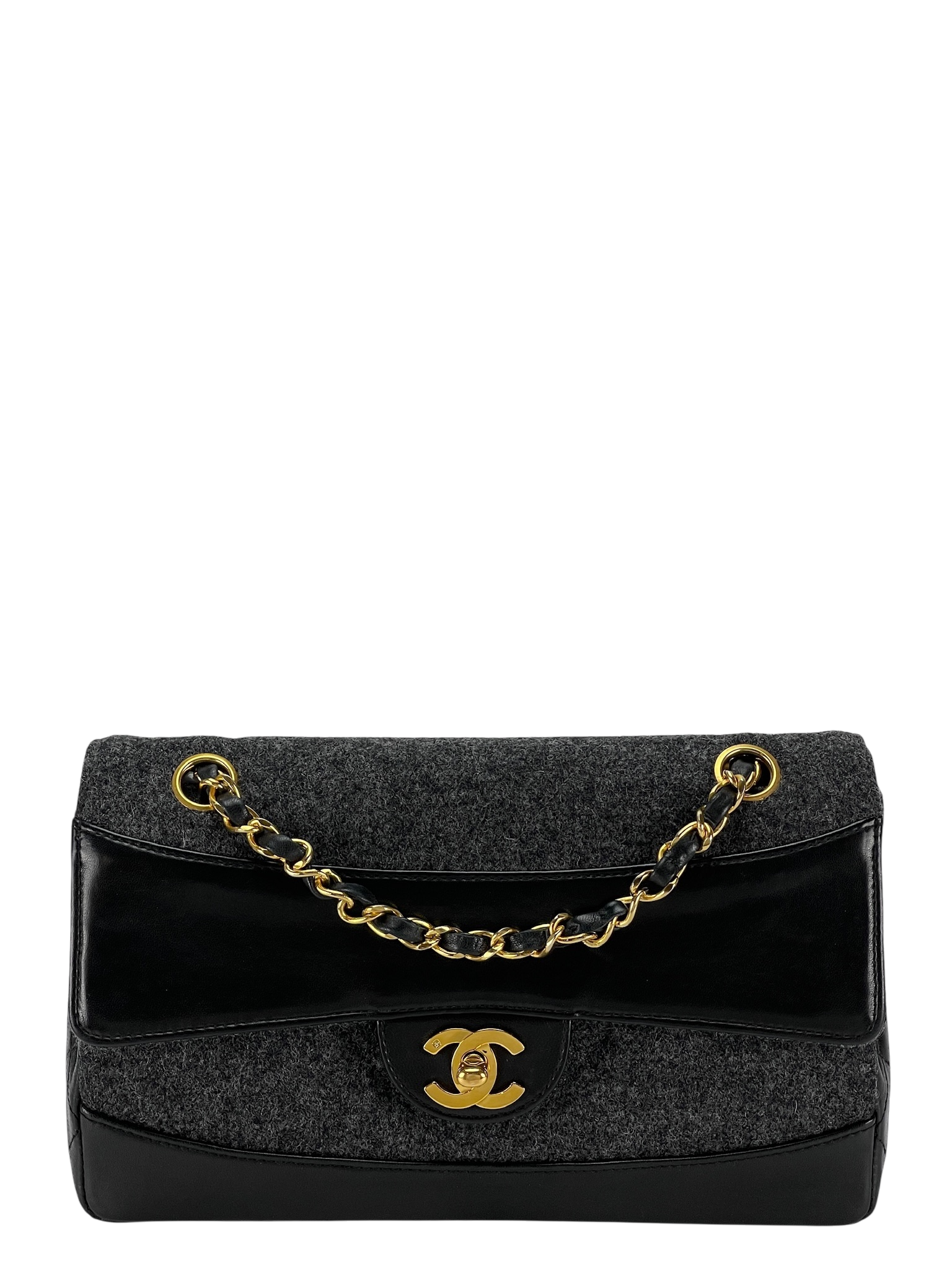 CHANEL -  Grey Black Lambskin Grey Felt Classic Flap Bag