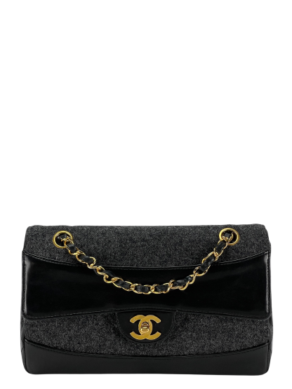 CHANEL -  Grey Black Lambskin Grey Felt Classic Flap Bag