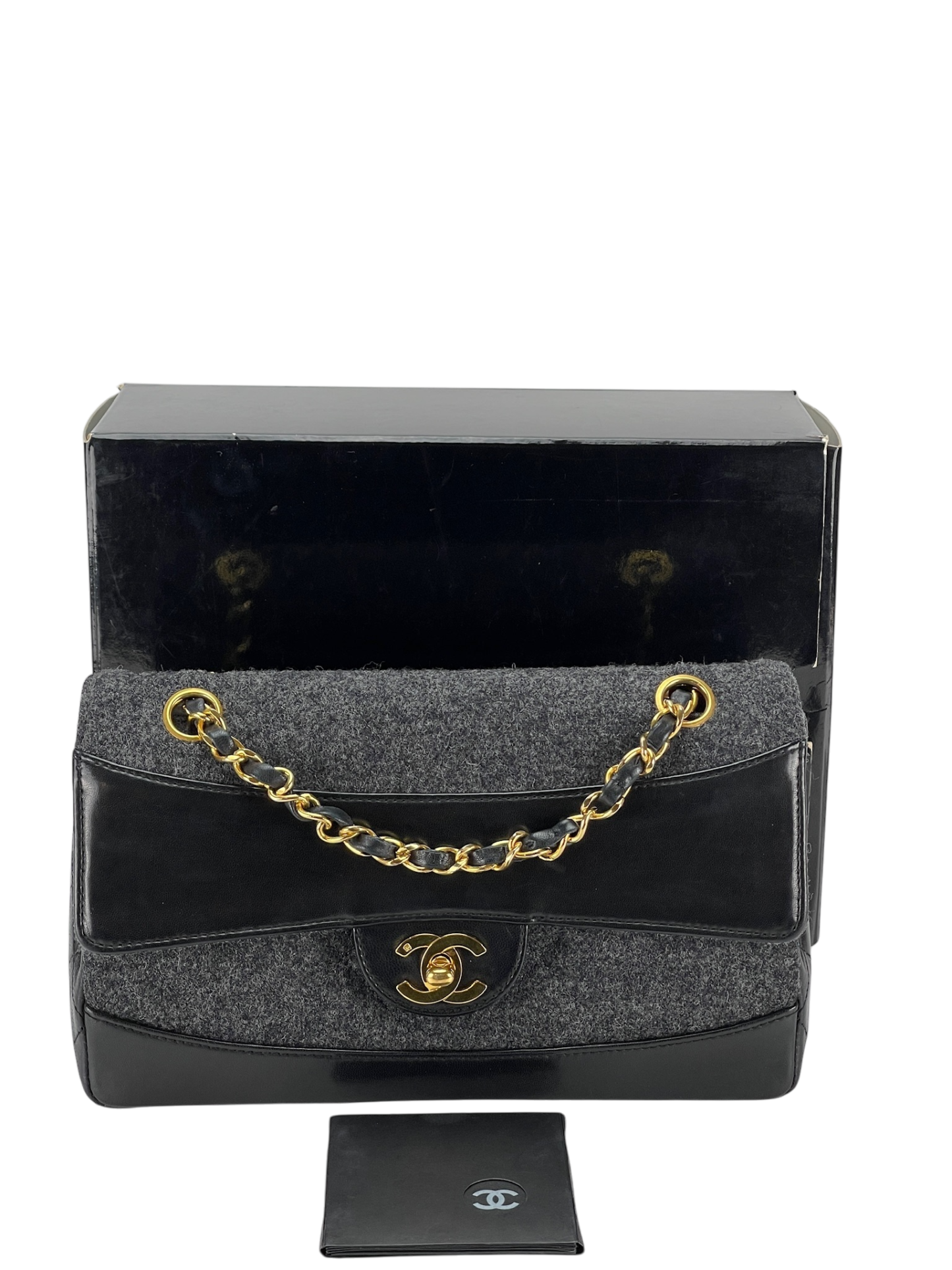 CHANEL -  Grey Black Lambskin Grey Felt Classic Flap Bag