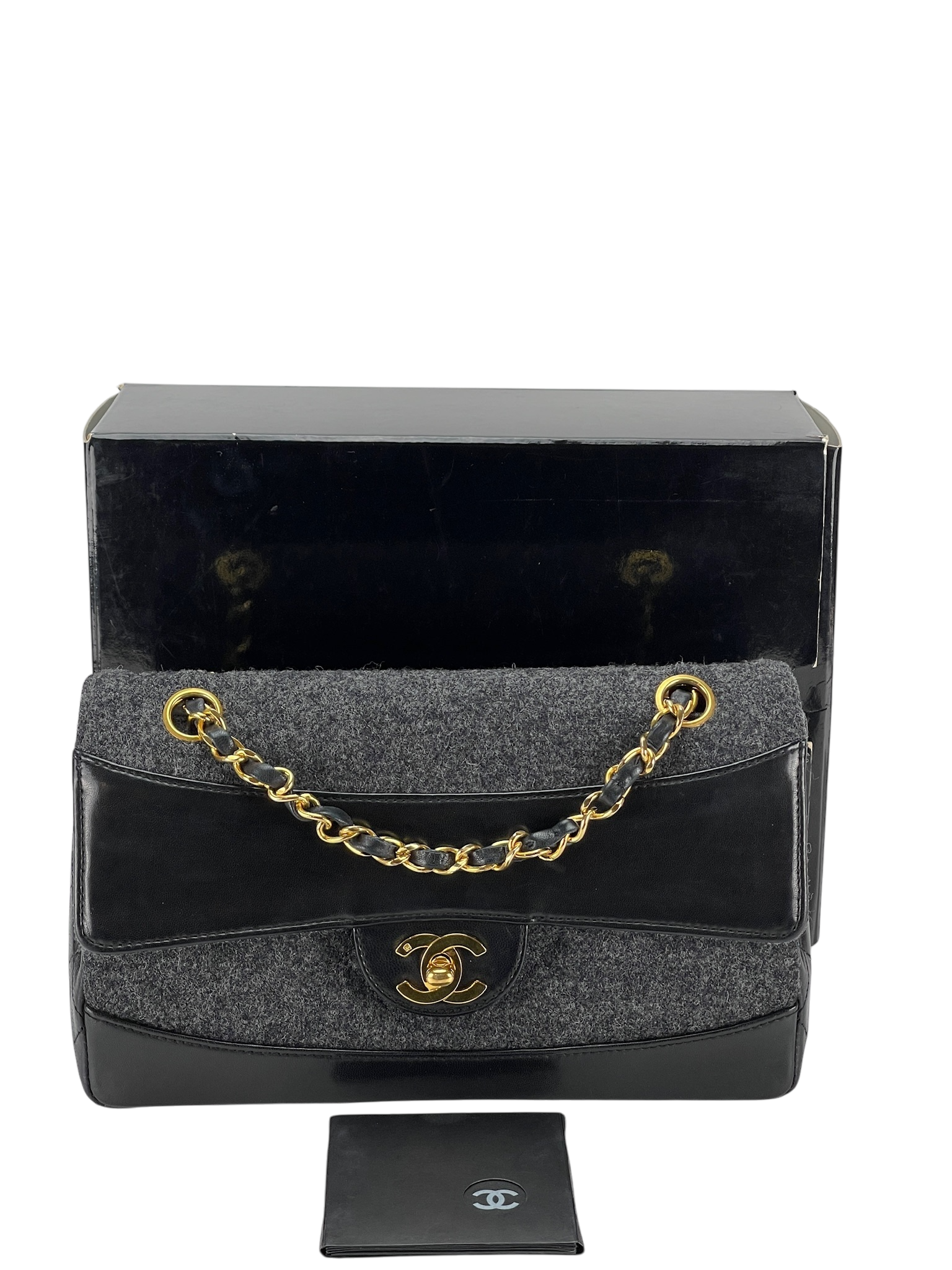 CHANEL -  Grey Black Lambskin Grey Felt Classic Flap Bag