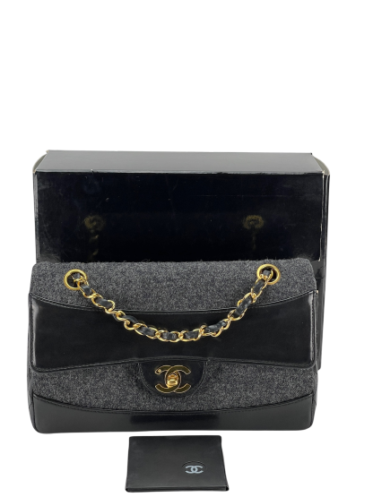 CHANEL -  Grey Black Lambskin Grey Felt Classic Flap Bag