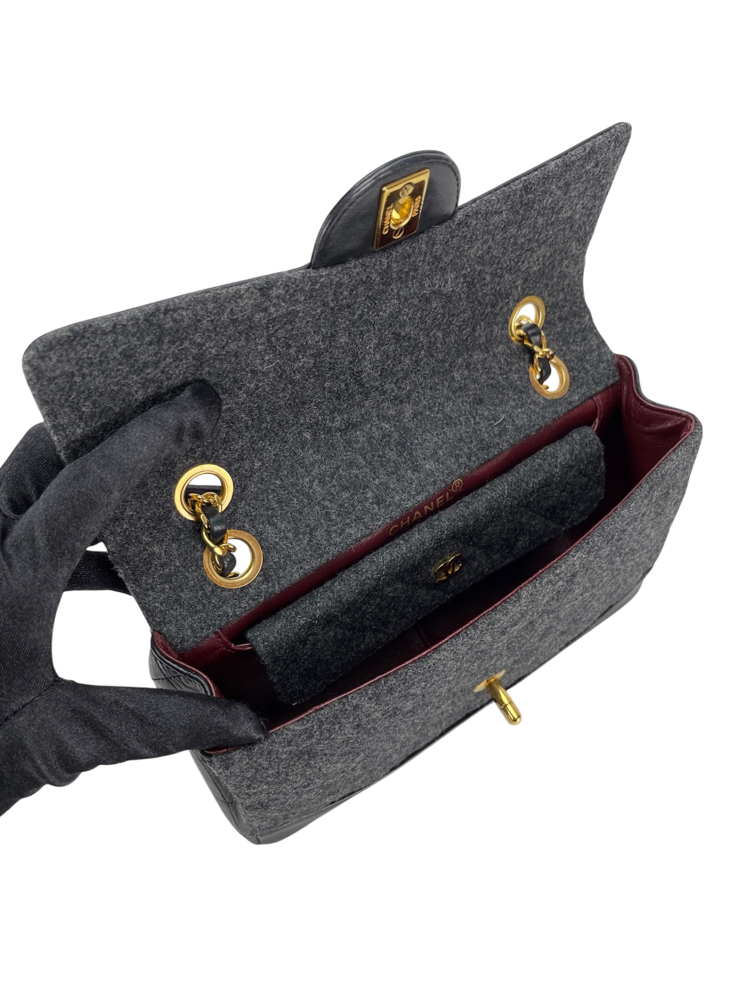 CHANEL -  Grey Black Lambskin Grey Felt Classic Flap Bag