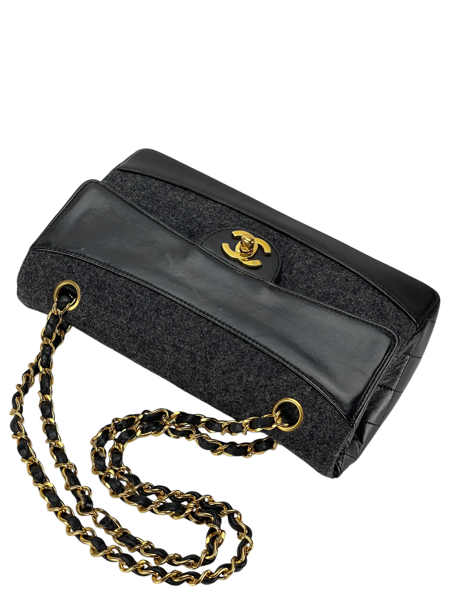 CHANEL -  Grey Black Lambskin Grey Felt Classic Flap Bag