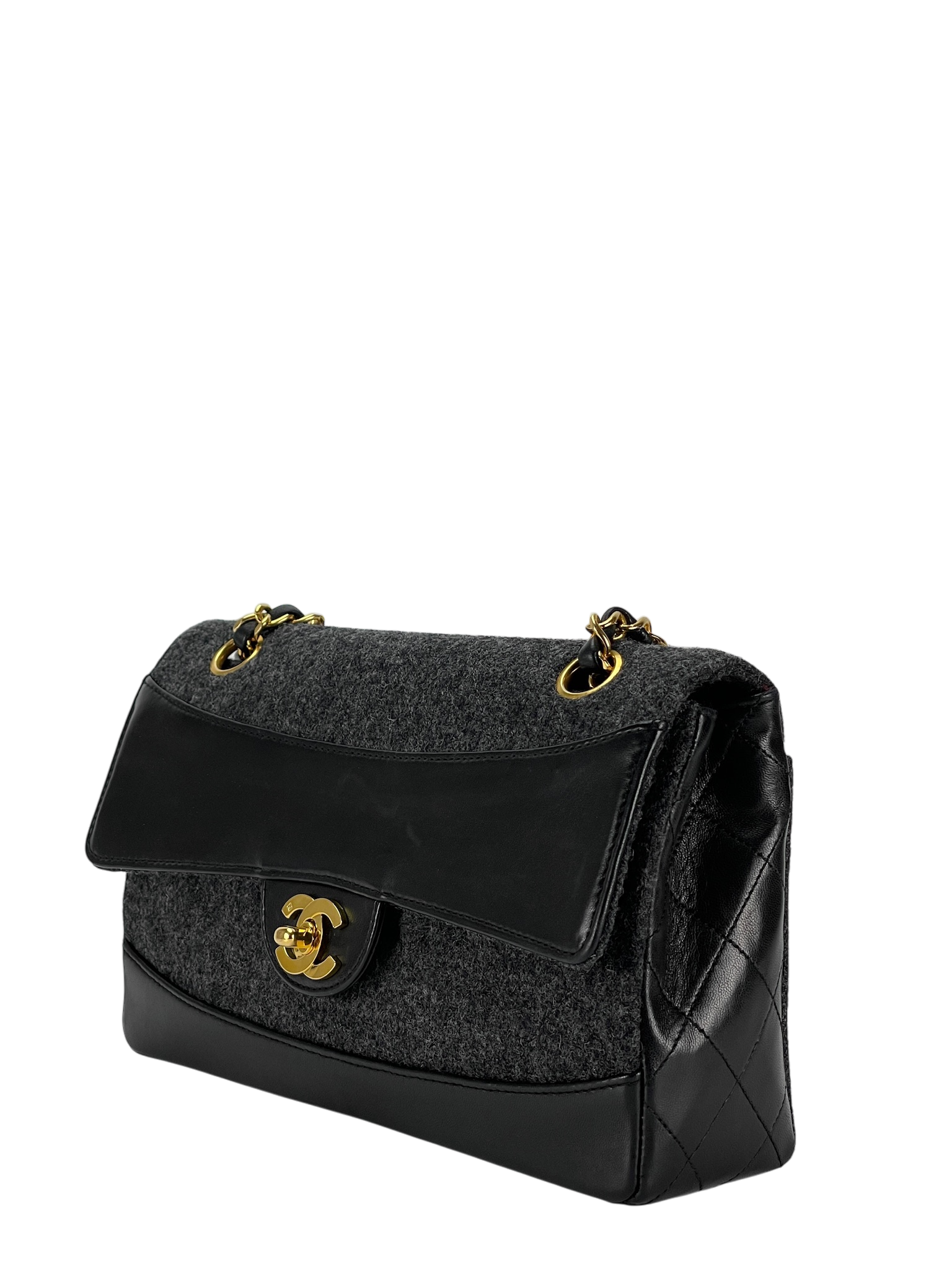 CHANEL -  Grey Black Lambskin Grey Felt Classic Flap Bag