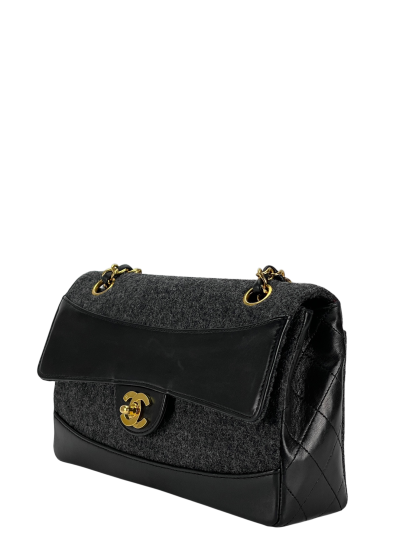 CHANEL -  Grey Black Lambskin Grey Felt Classic Flap Bag