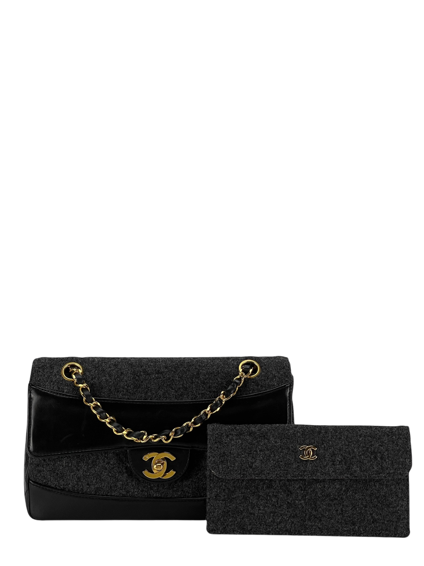 CHANEL -  Grey Black Lambskin Grey Felt Classic Flap Bag