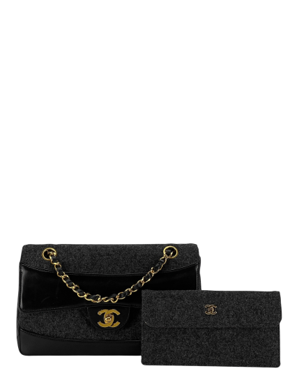 CHANEL -  Grey Black Lambskin Grey Felt Classic Flap Bag