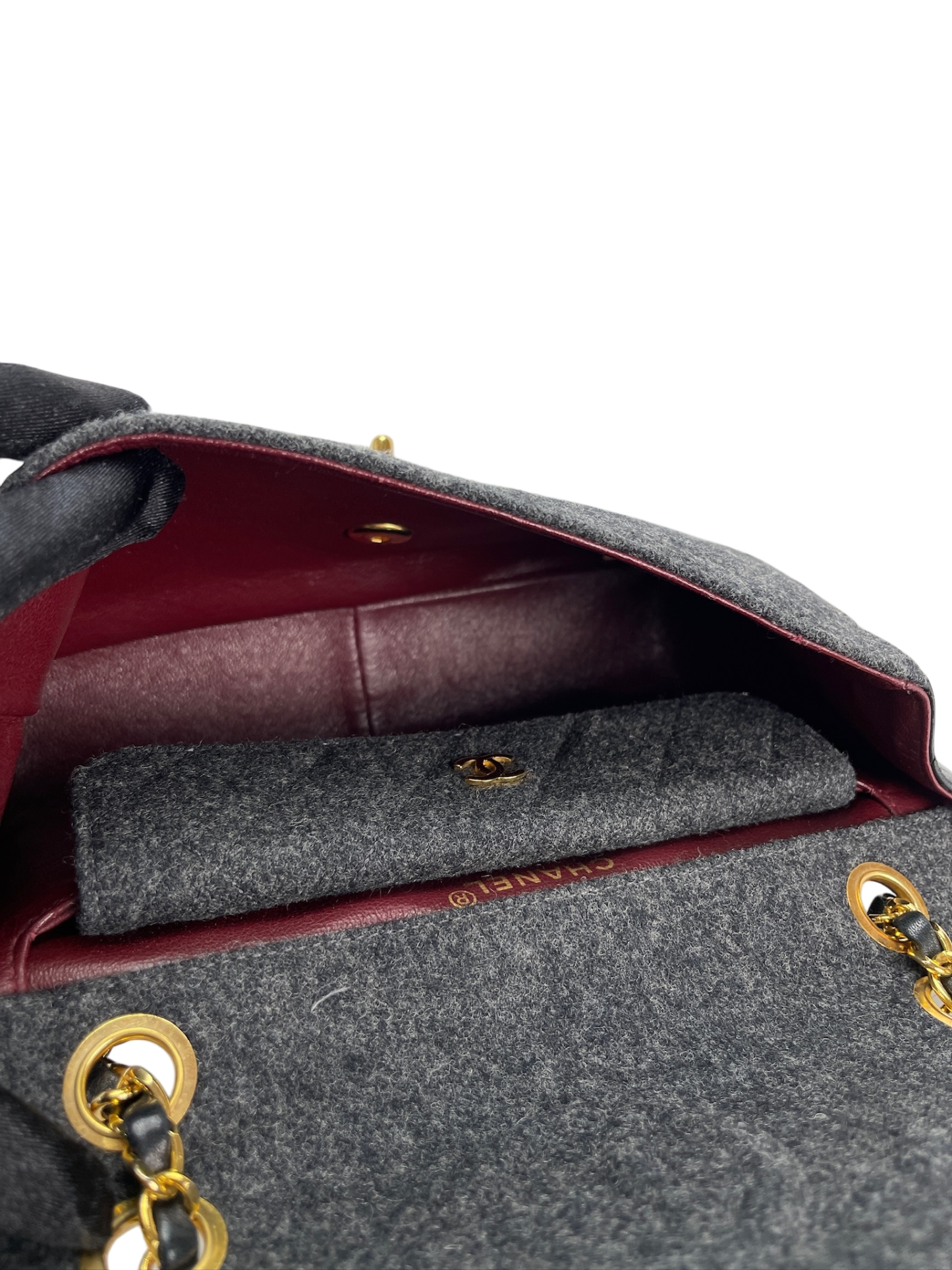 CHANEL -  Grey Black Lambskin Grey Felt Classic Flap Bag