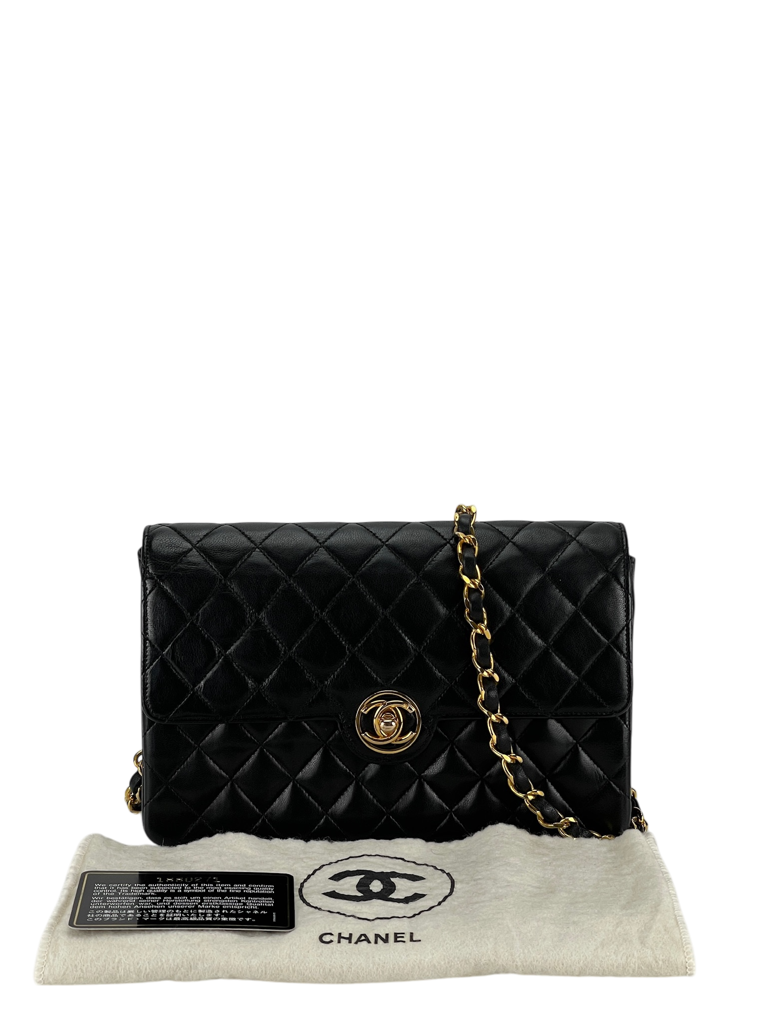 CHANEL -  Black Lambskin Single Chain Shoulder Bag in Matelasse 