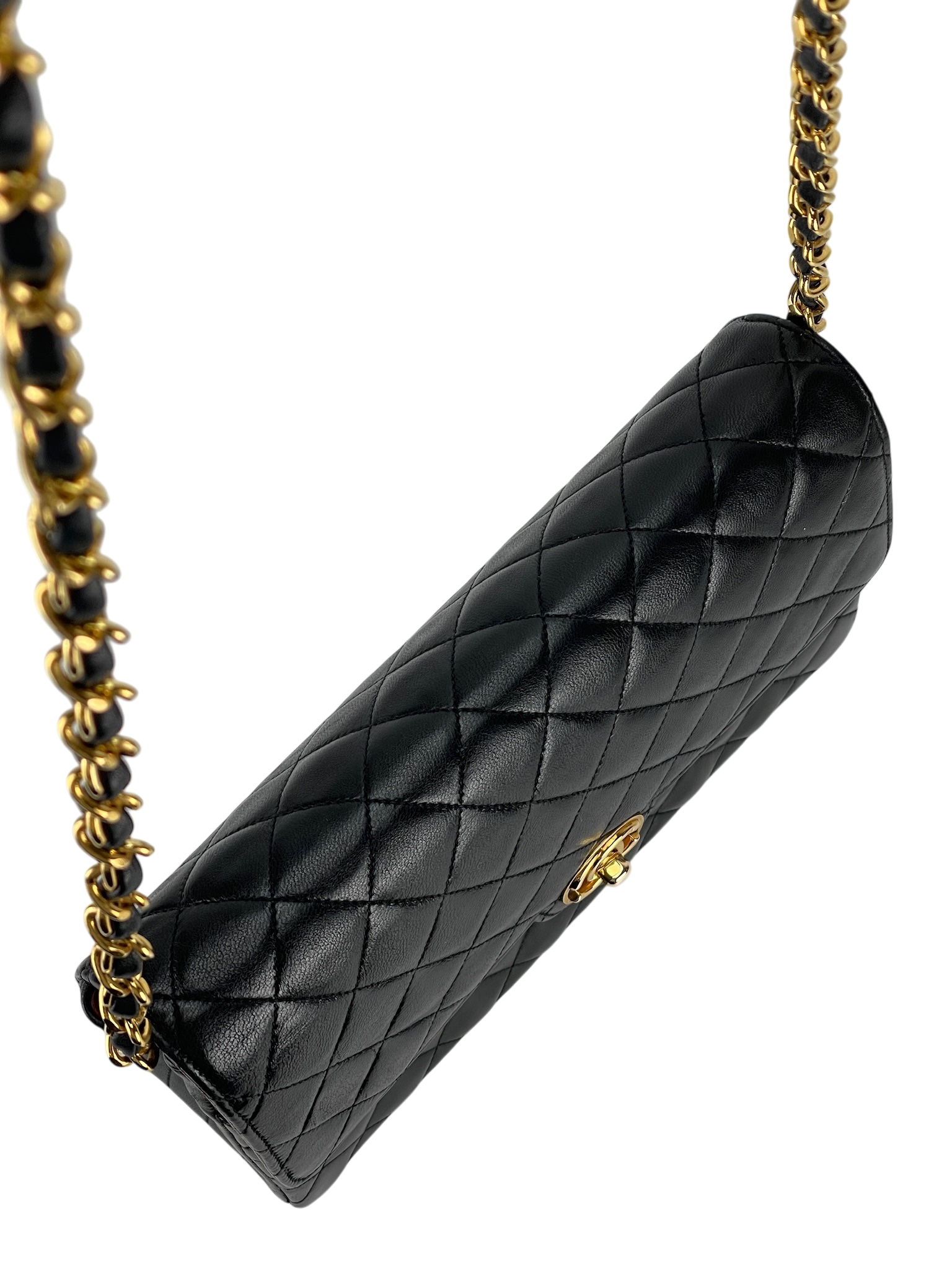 CHANEL -  Black Lambskin Single Chain Shoulder Bag in Matelasse 