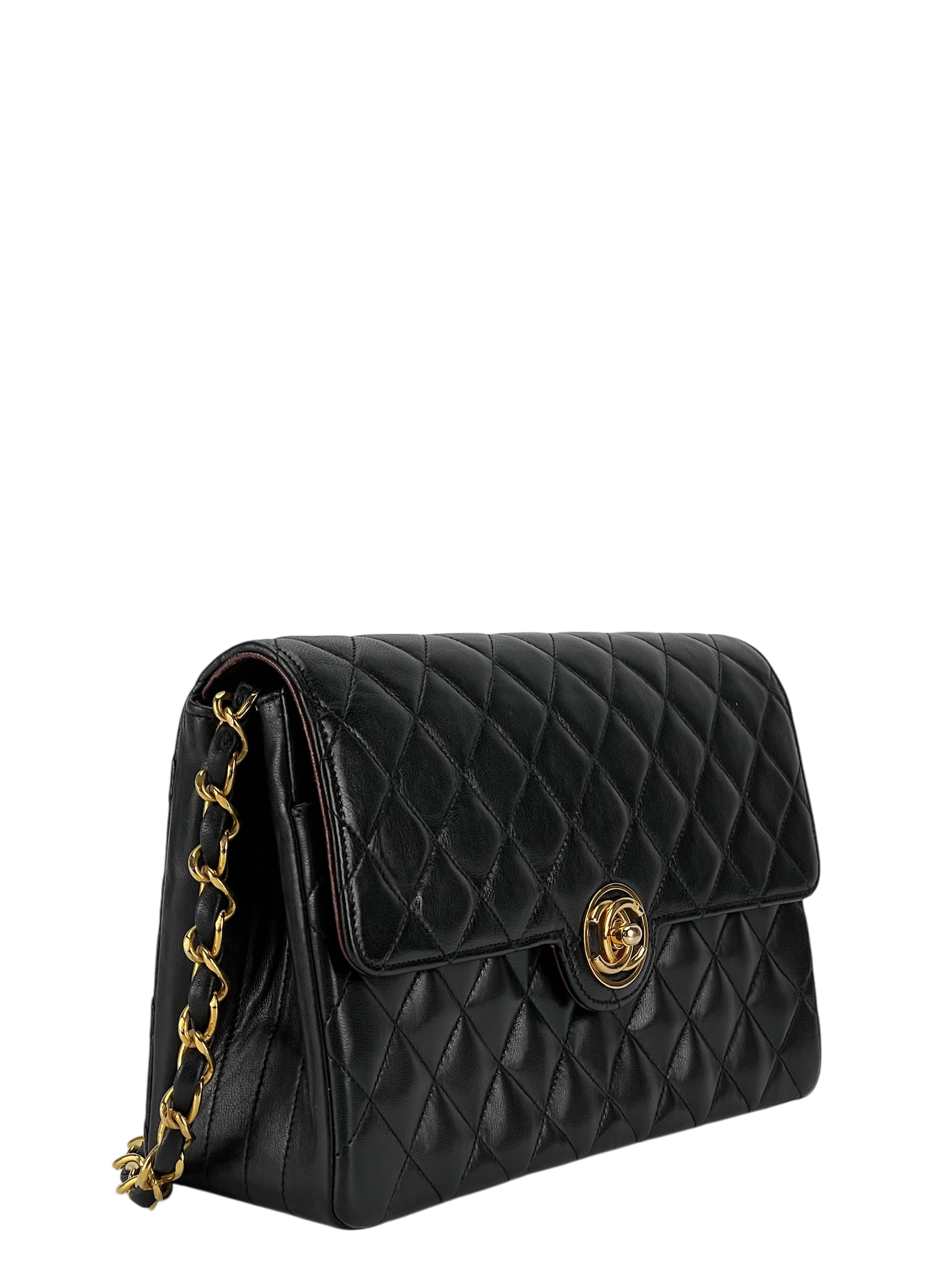 CHANEL -  Black Lambskin Single Chain Shoulder Bag in Matelasse 