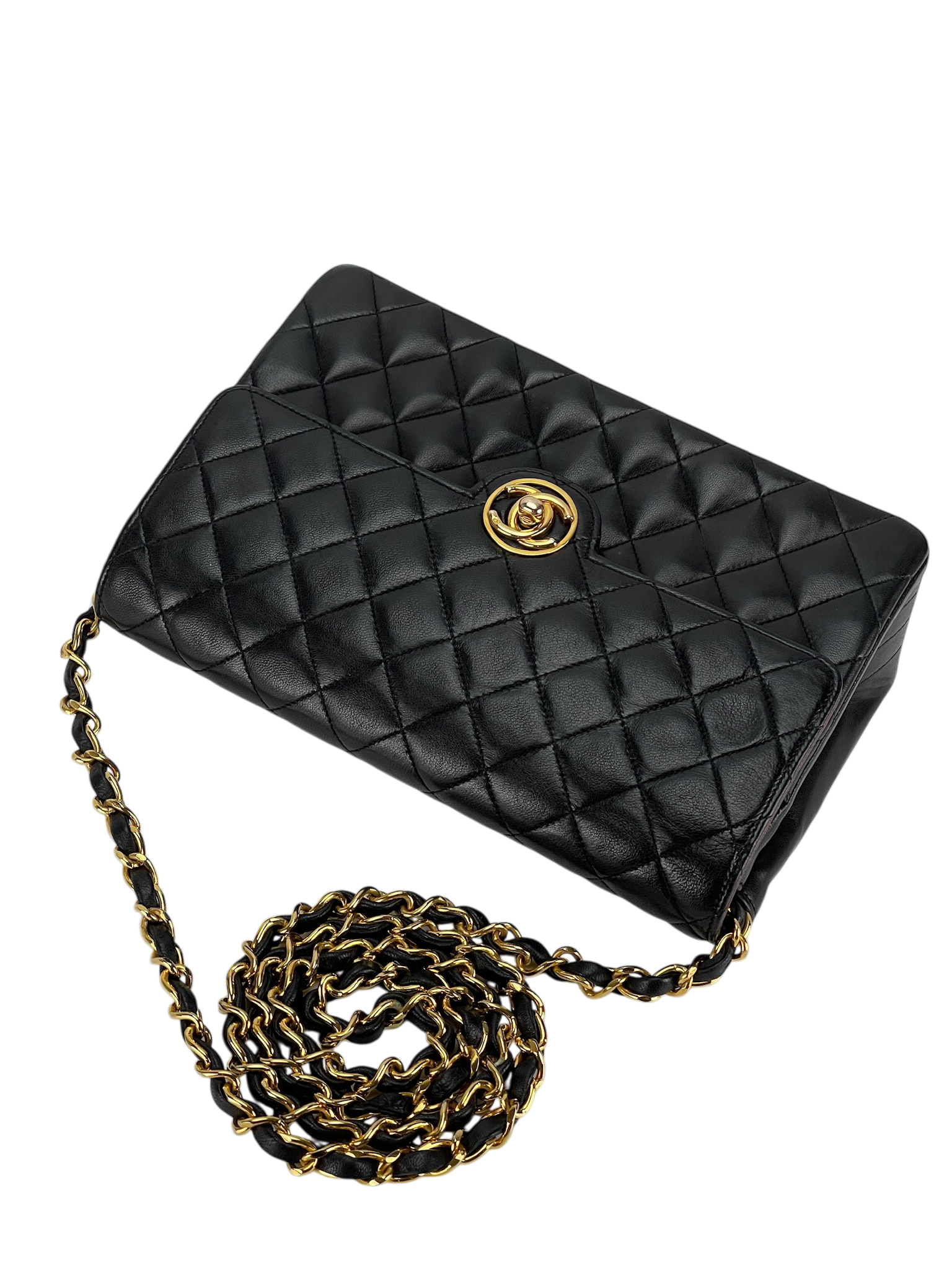 CHANEL -  Black Lambskin Single Chain Shoulder Bag in Matelasse 