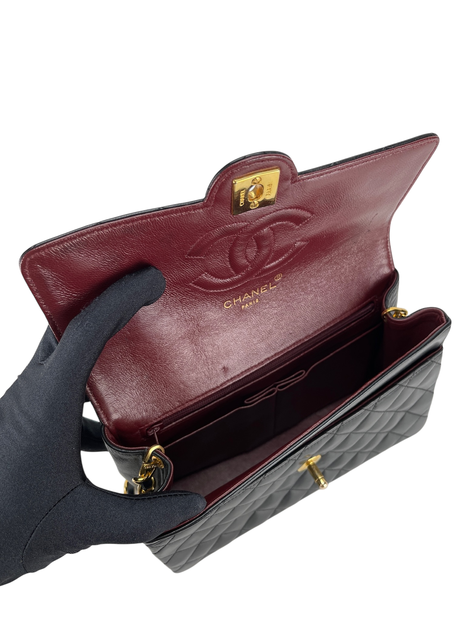 CHANEL -  Black Lambskin Single Chain Shoulder Bag in Matelasse 