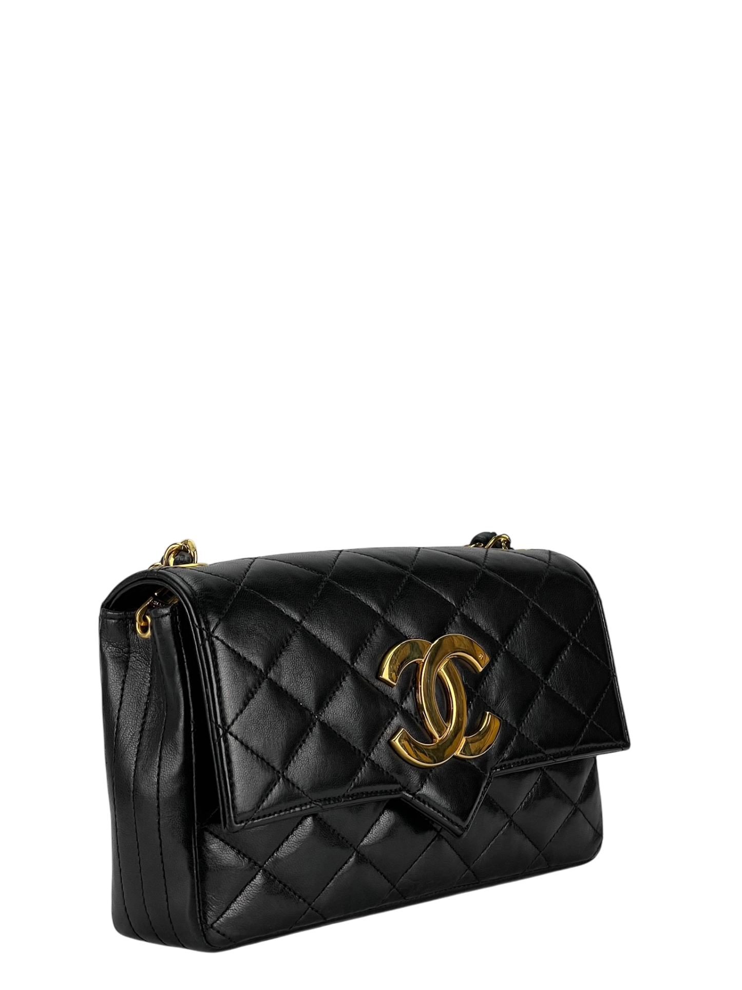 CHANEL -  Black Lambskin Quilted Lambskin Single Flap Bag