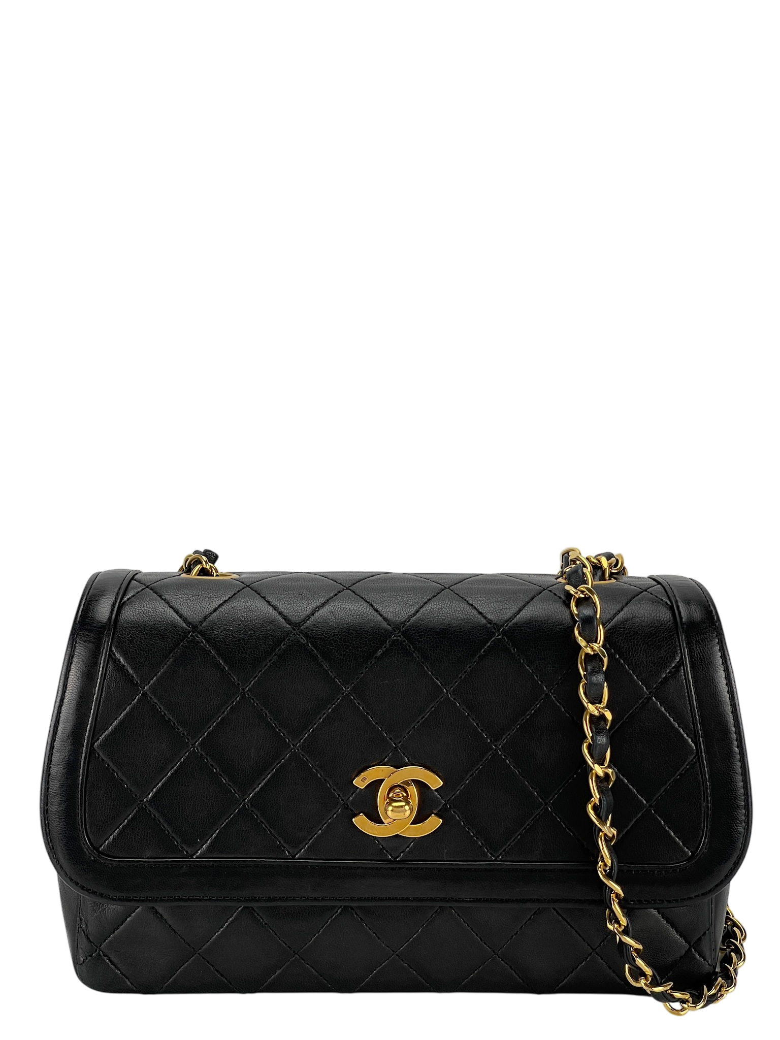 CHANEL -  Black Lambskin Quilted Lambskin Single Flap Bag
