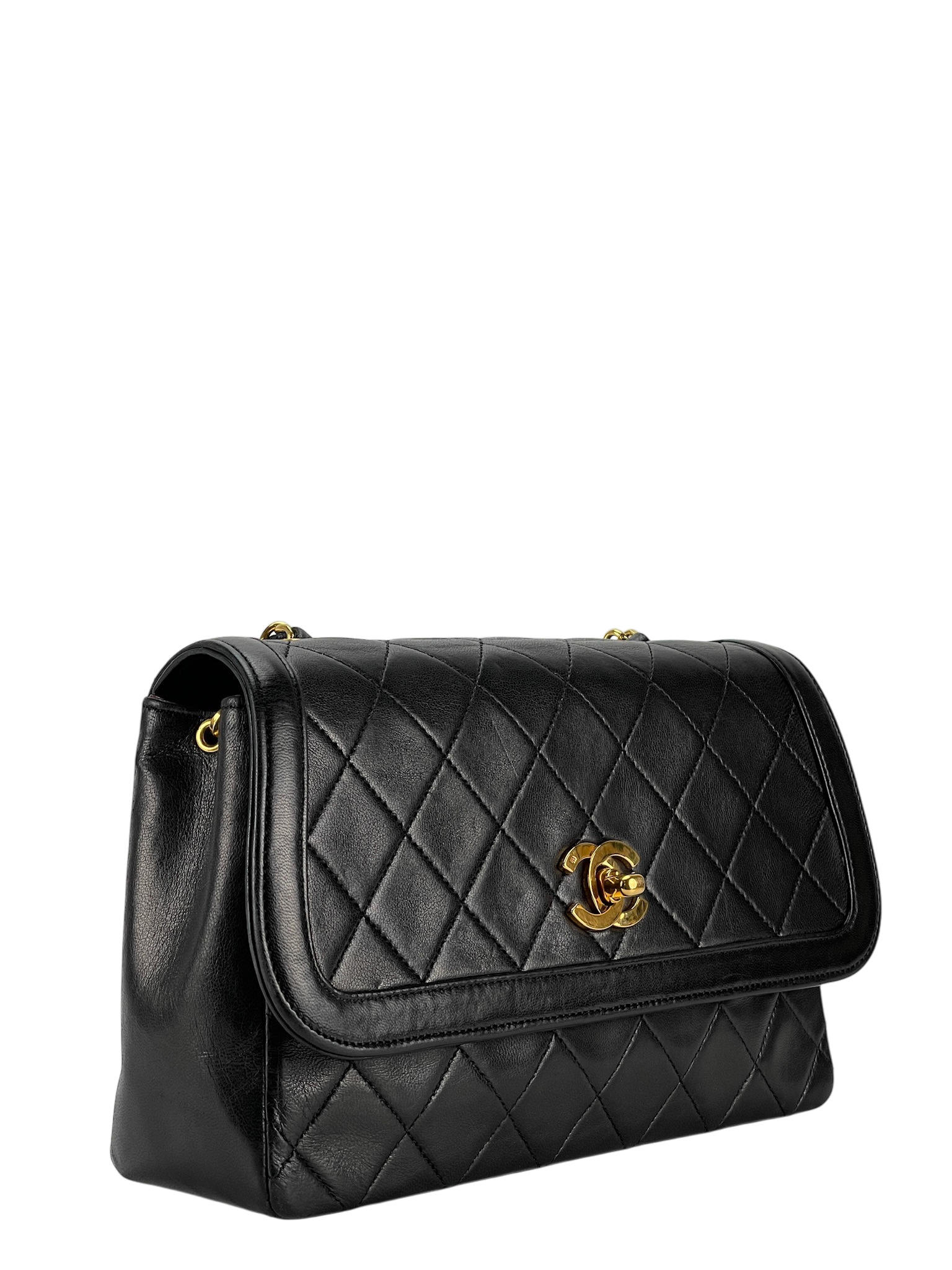 CHANEL -  Black Lambskin Quilted Lambskin Single Flap Bag
