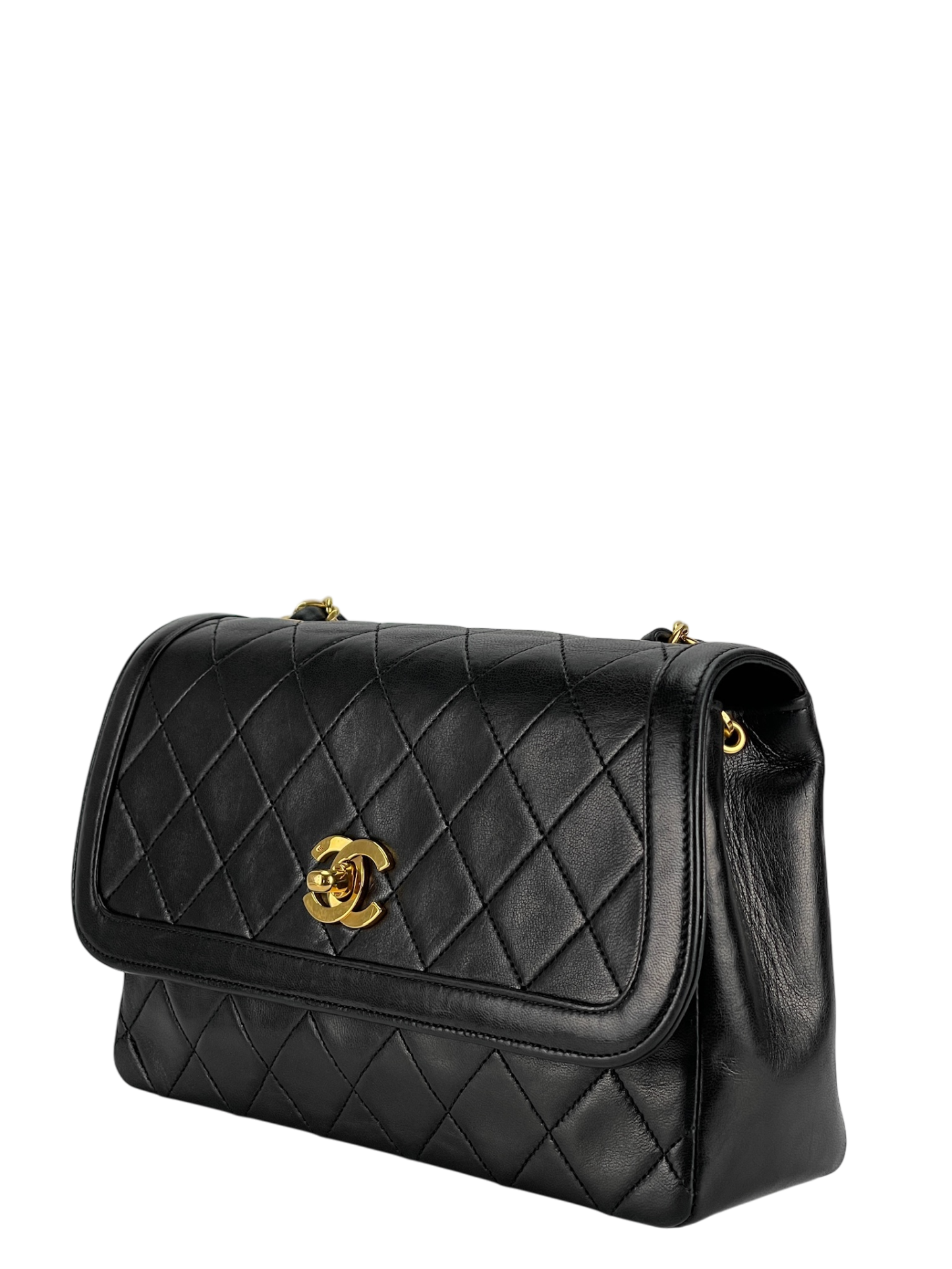 CHANEL -  Black Lambskin Quilted Lambskin Single Flap Bag