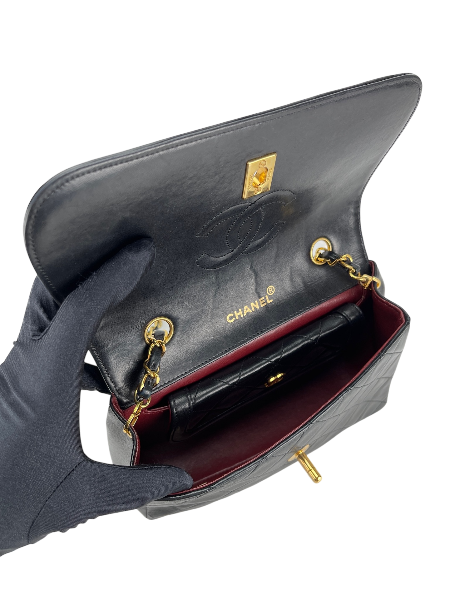 CHANEL -  Black Lambskin Quilted Lambskin Single Flap Bag