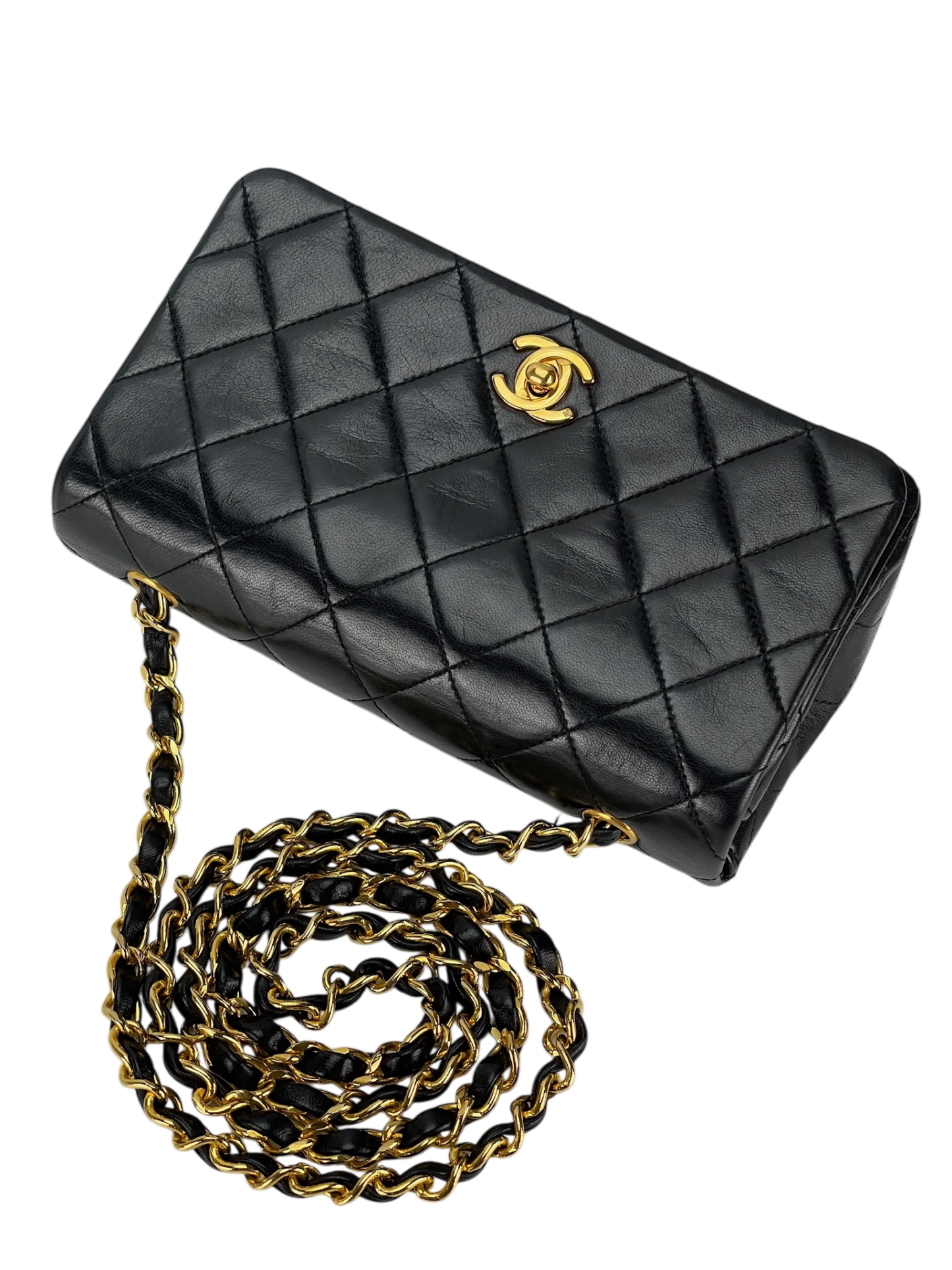 CHANEL - Black Lambskin Pushlock Mini Full Flap Shoulder Bag